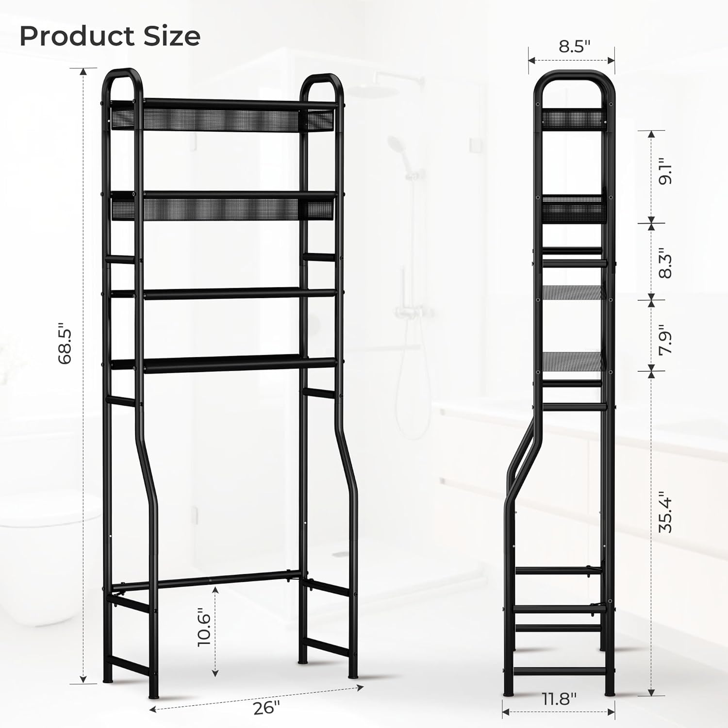 4-Tier Over The Toilet Storage Shelf and Rack | Above Toilet Organizer with Metal Frame & Vinyl Mesh, Space-Saving Unit for Bathroom and Laundry Room, Black