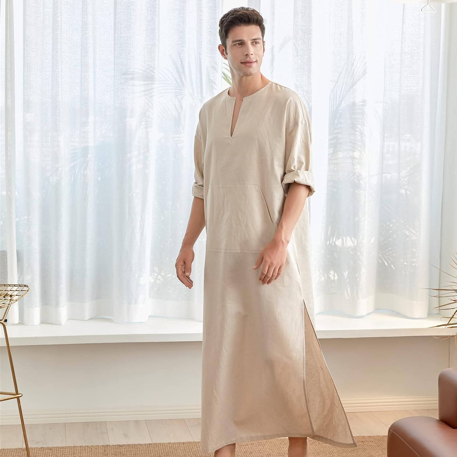 7 VEILS Men’s Natural Linen Robe Casual Caftan Cotton Thobe V Neck Long Gown Kaftan Nightshirt Loungewear…