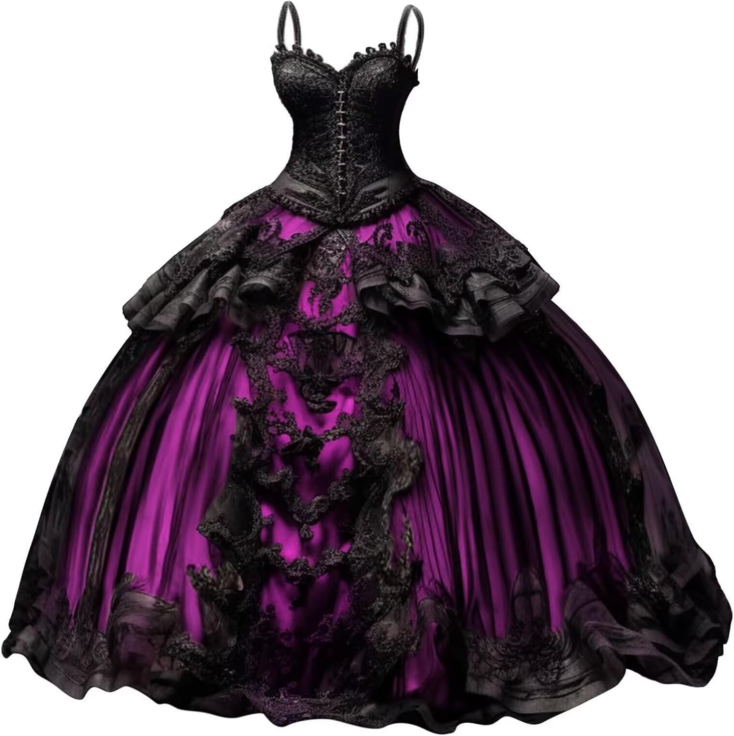 Women's Spaghetti Gothic Quinceanera Dresses with Black Lace Appliques Prom Dresses Vintage Wedding Dress for Bride