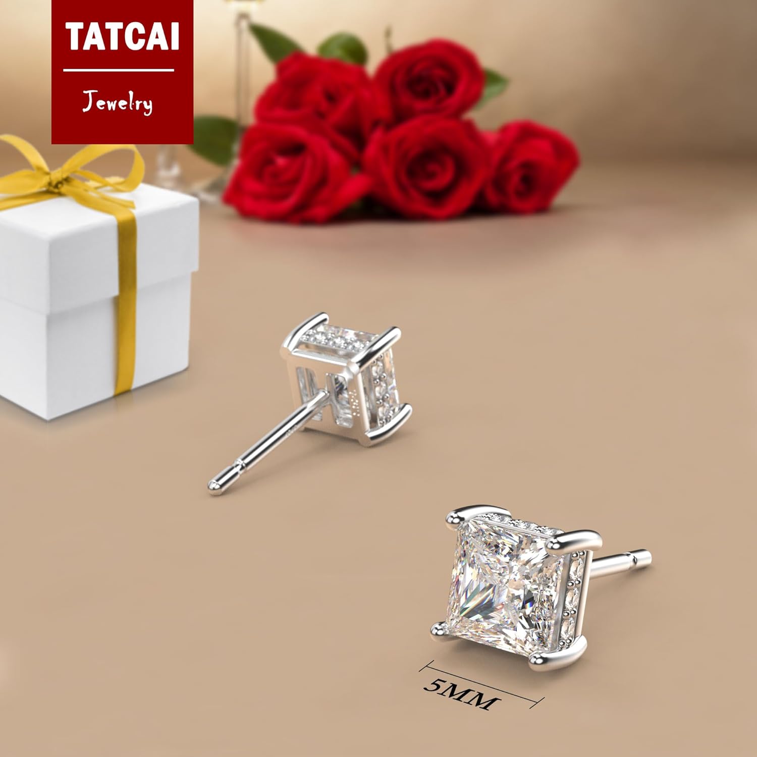 18K White Gold Plated Sterling Silver Princess Cut Square Cubic Zirconia Stud Earrings for Women Men Clear CZ Diamond Stud Earrings - Image 6