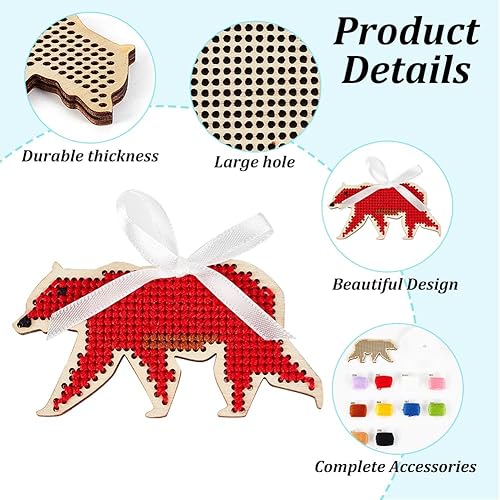 Miniatura 4 de OLYCRAFT Juego de 31 piezas de madera de oso en blanco de punto de cruz, kits de punto de cruz, kits de bordado de punto de cruz, incluye cordón de