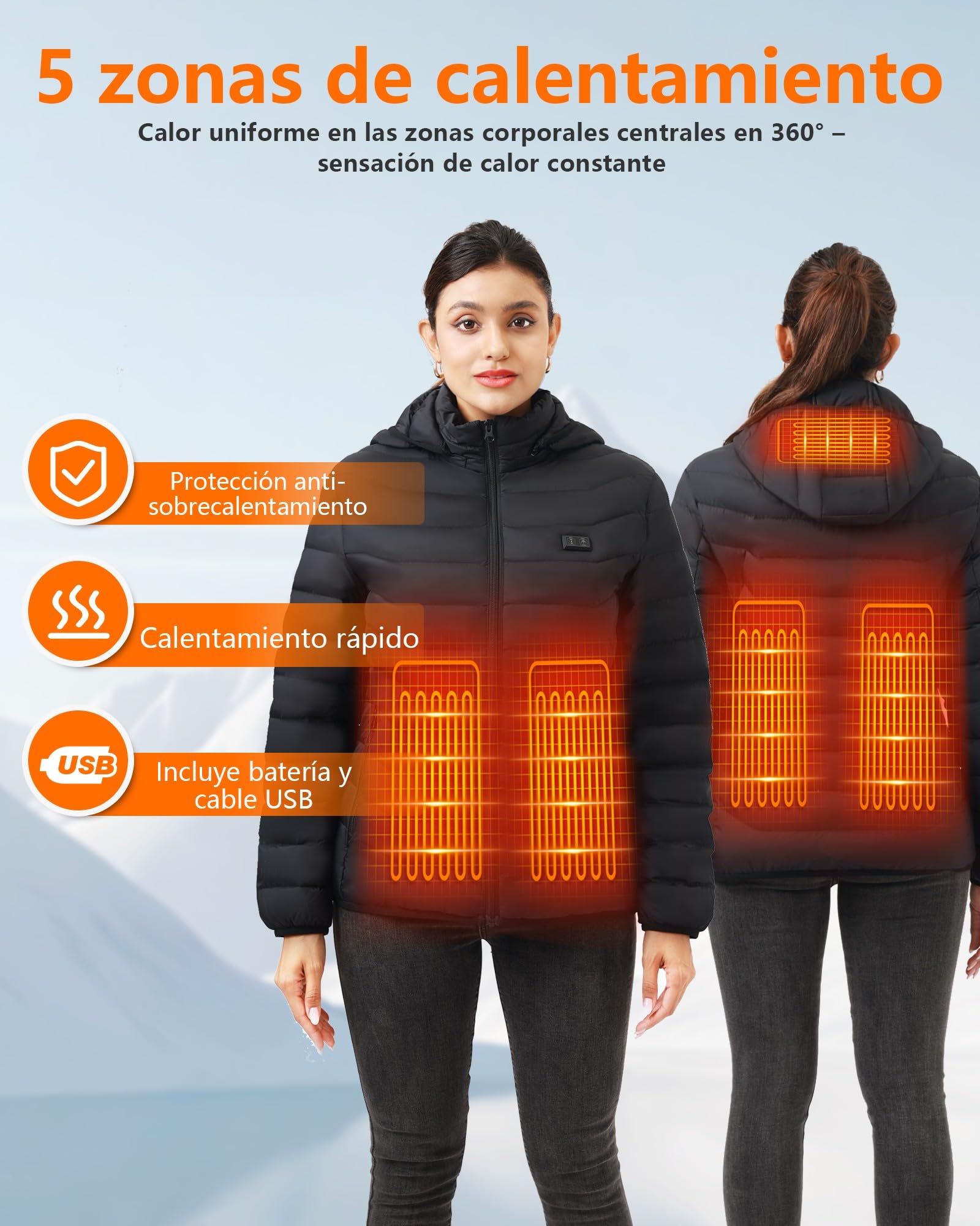 Chaqueta Calefactable Mujer con Batería 10000mAh, Chaquetas con Calefaccion con 5 Zonas, 3 Temperaturas, Control Doble, Ideal para Senderismo, Esquí y Acampar
