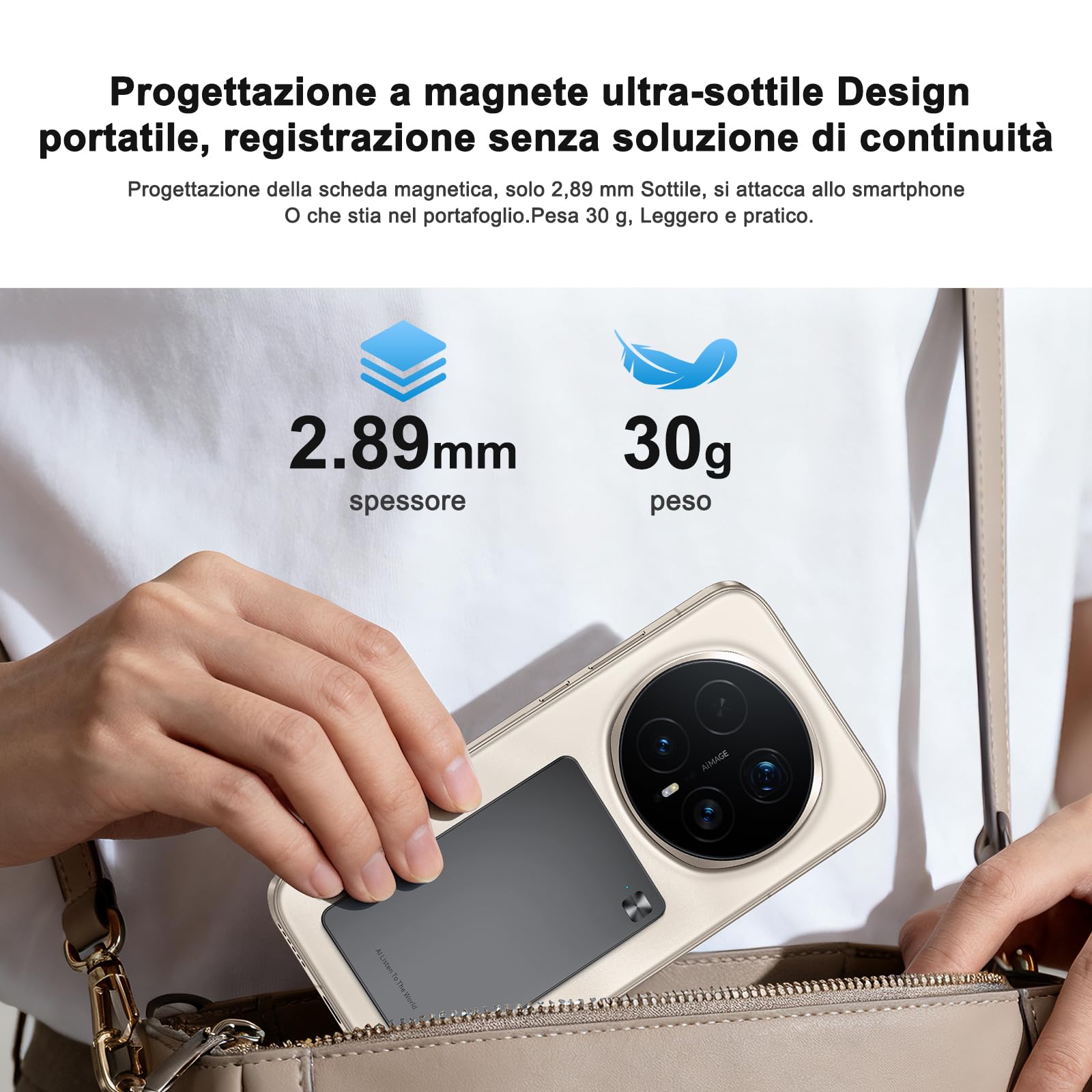 HONOR CHOICE AI Note Registratore Vocale, 600 Min/Mese di Trascrizione Gratuita, Dictafone Digitale con Riepiloghi IA e Mappe Mentali, 130+ Lingue, Sottile Scheda Magnetica, per Riunioni e Chiamate