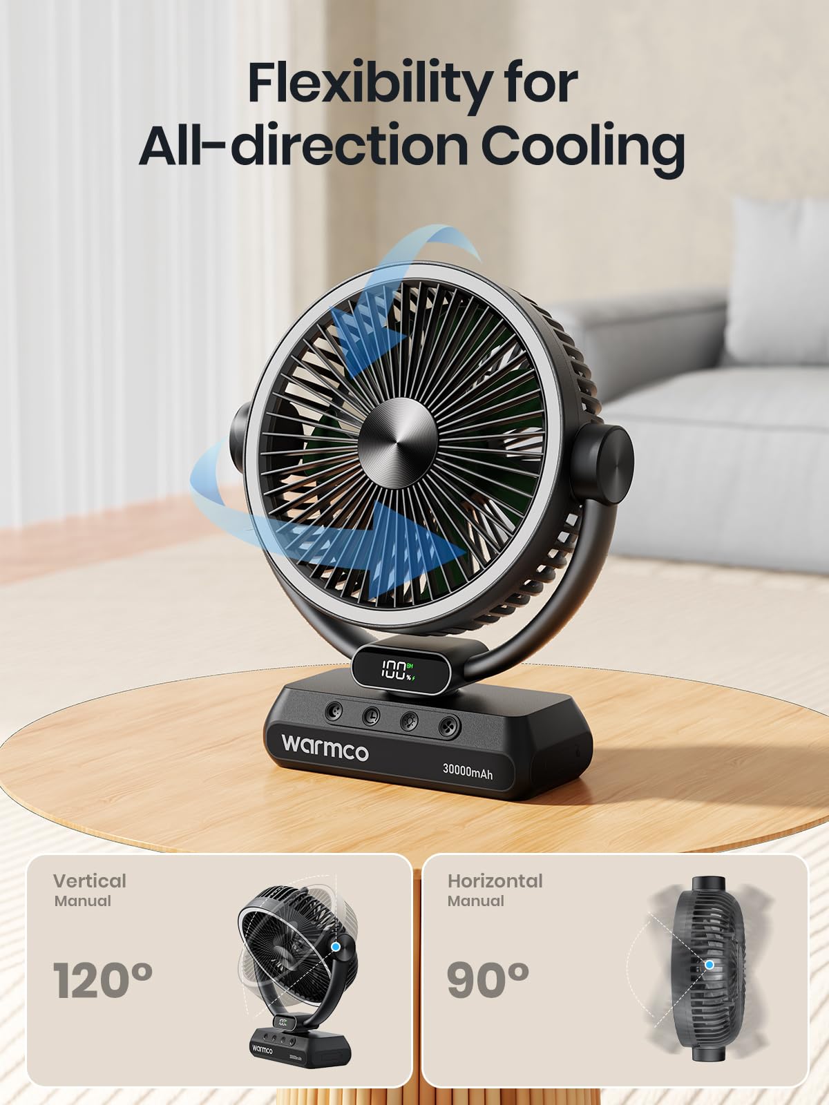 Warmco Camping Ventilator mit 30000mAh Akku, 30W PD Schnellladefunktion, LED Licht, Timer, 15-99 Std. Laufzeit, Leise, mit Haken
