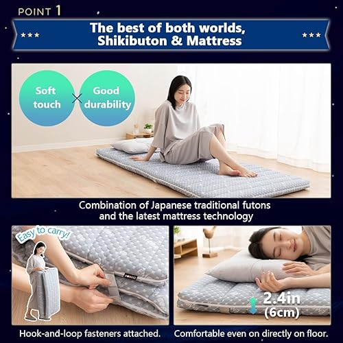 Miniatura 10 de EMOOR Colchón de futón híbrido plegable, espuma de uretano de alta resistencia 150N con funda acolchada lavable, individual, tapete para dormir de