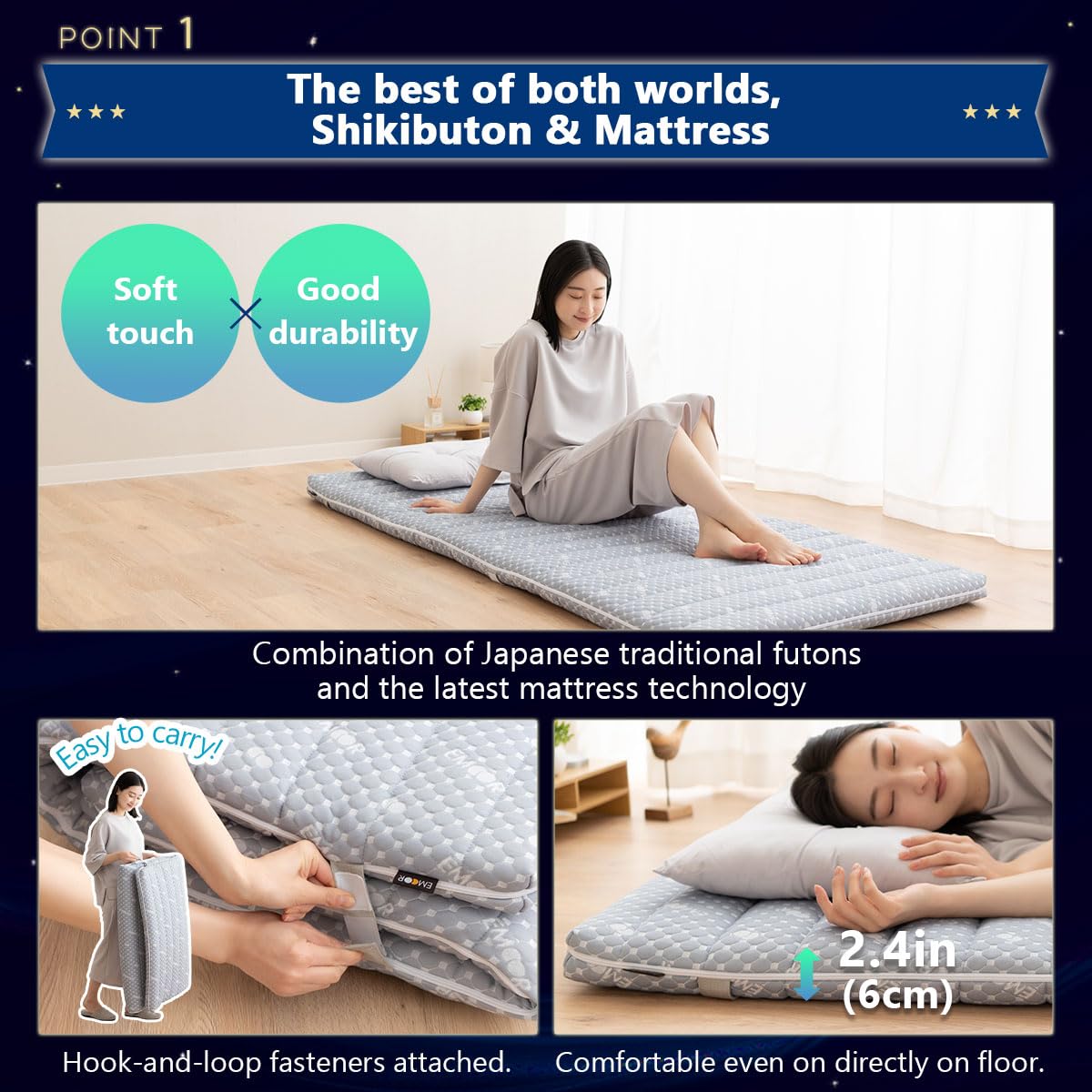 EMOOR Matelas de Futon Hybride Pliable 90 x 195 cm avec Housse Rembourrée Lavable Gris, Taille Single Japonaise Mousse Uréthane Haute Résilience 150N Surmatelas de Sol Tatami