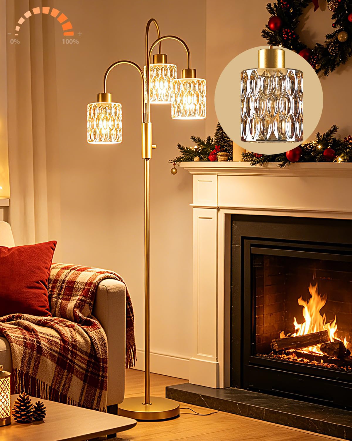 Amber Glass Floor Lamp 3-Light 70" Gold Dimmable Modern Tall Standing Lamps