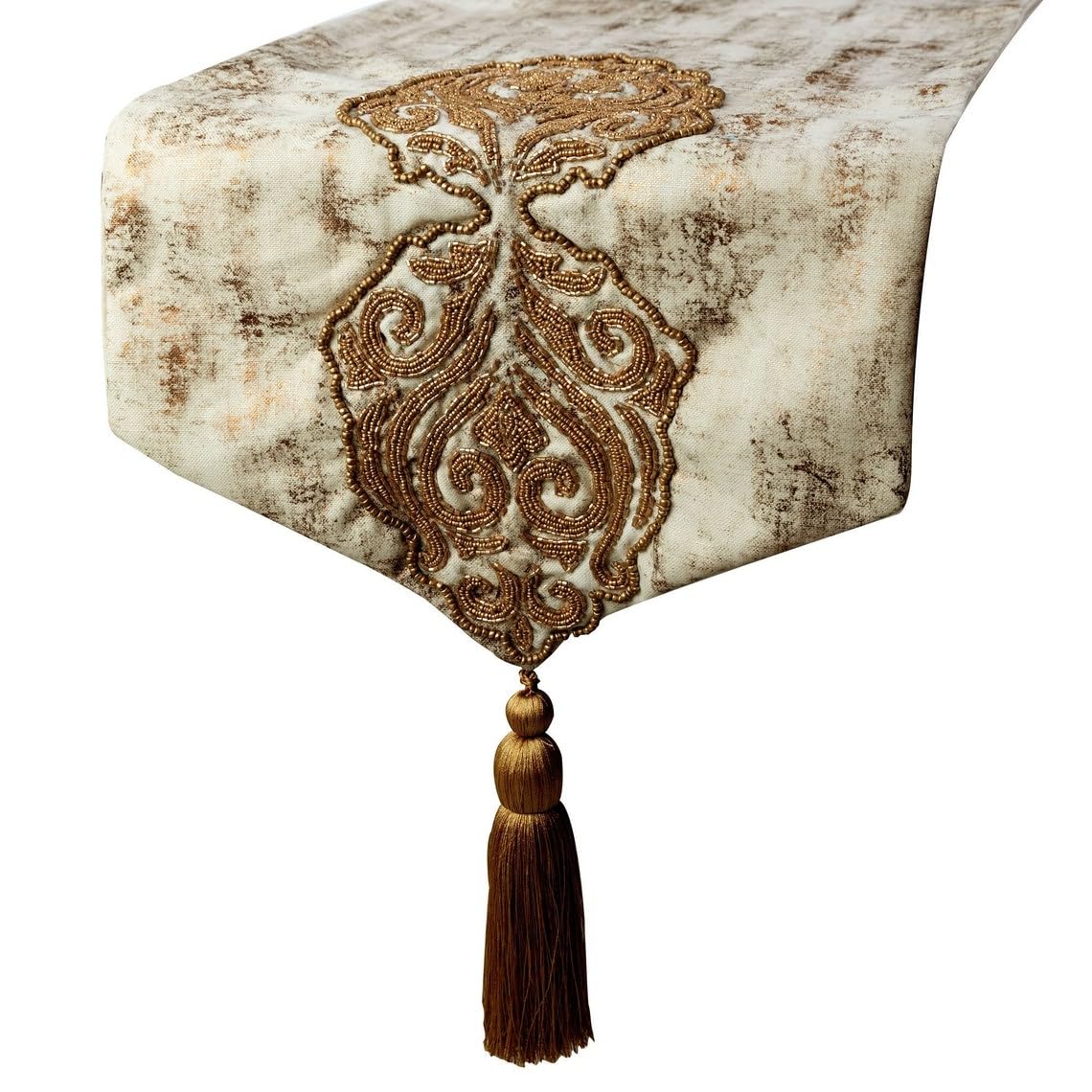 The HomeCentric Decorative Gold Table Runner 35 x 90 cm, Zardozi Damask, Foil & Beaded with Tassels Table Runner, Jacquard Silk fabric Table Linen, Damask Pattern Modern Style - Aurelian Royalty — image 1