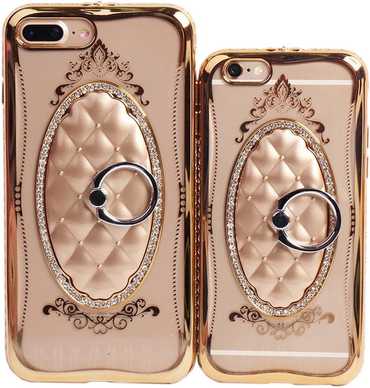 iPhone 6 Plus TPU Soft Case for Girls and Women,Clear Glitter Embed Crystal Diamond Thin Back Case Ring Stand Cover 5.5 Inch (Gold)