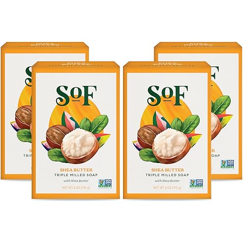 SoF Triple Milled Bar Soap - With Coconut Oil & Organic Shea Butter- Vegan & Non GMO- Free From Phthalates, Sulfates & Parabens- Shea Butter - 6 oz Bar 4 Bars