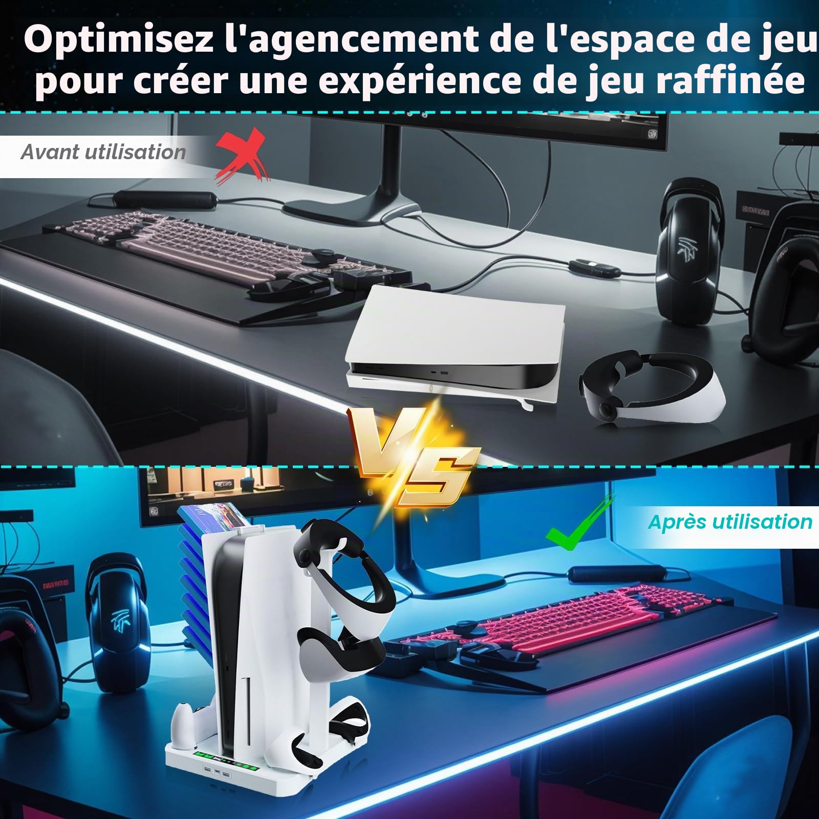 PS5 & PS VR2 support station de refroidissement avec contrôleur de charge, 3 en 1 avec 2 ventilateurs pour PS5 et VR2, support de casque