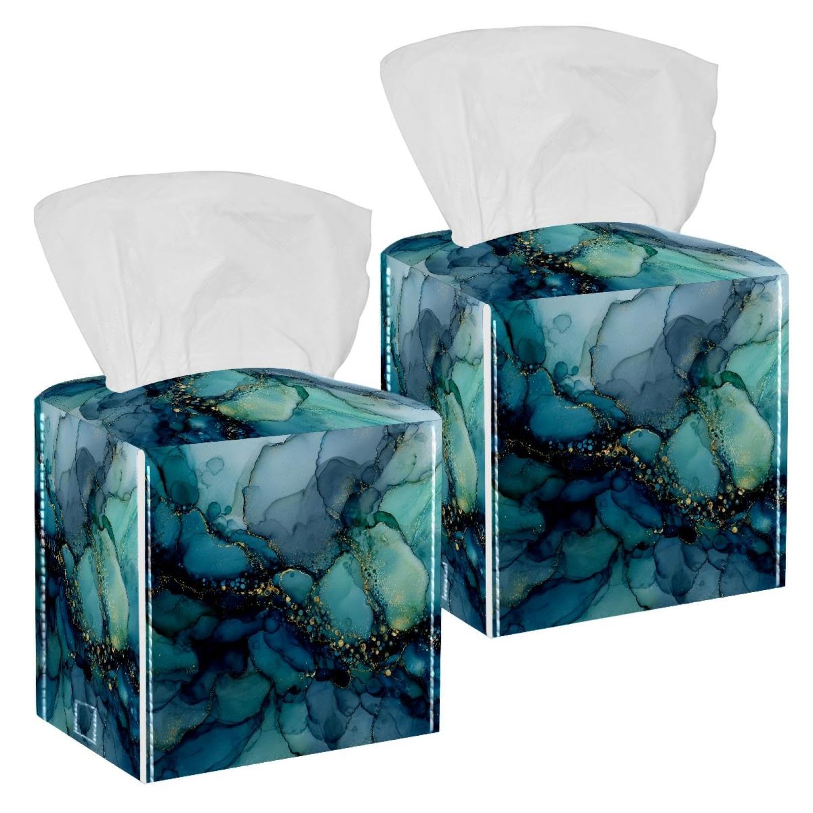 Marble Texture Tissue Box Cover, 2 Pack PU Leather Square Facial Tissue Dispenser Box holder for Home Office Car