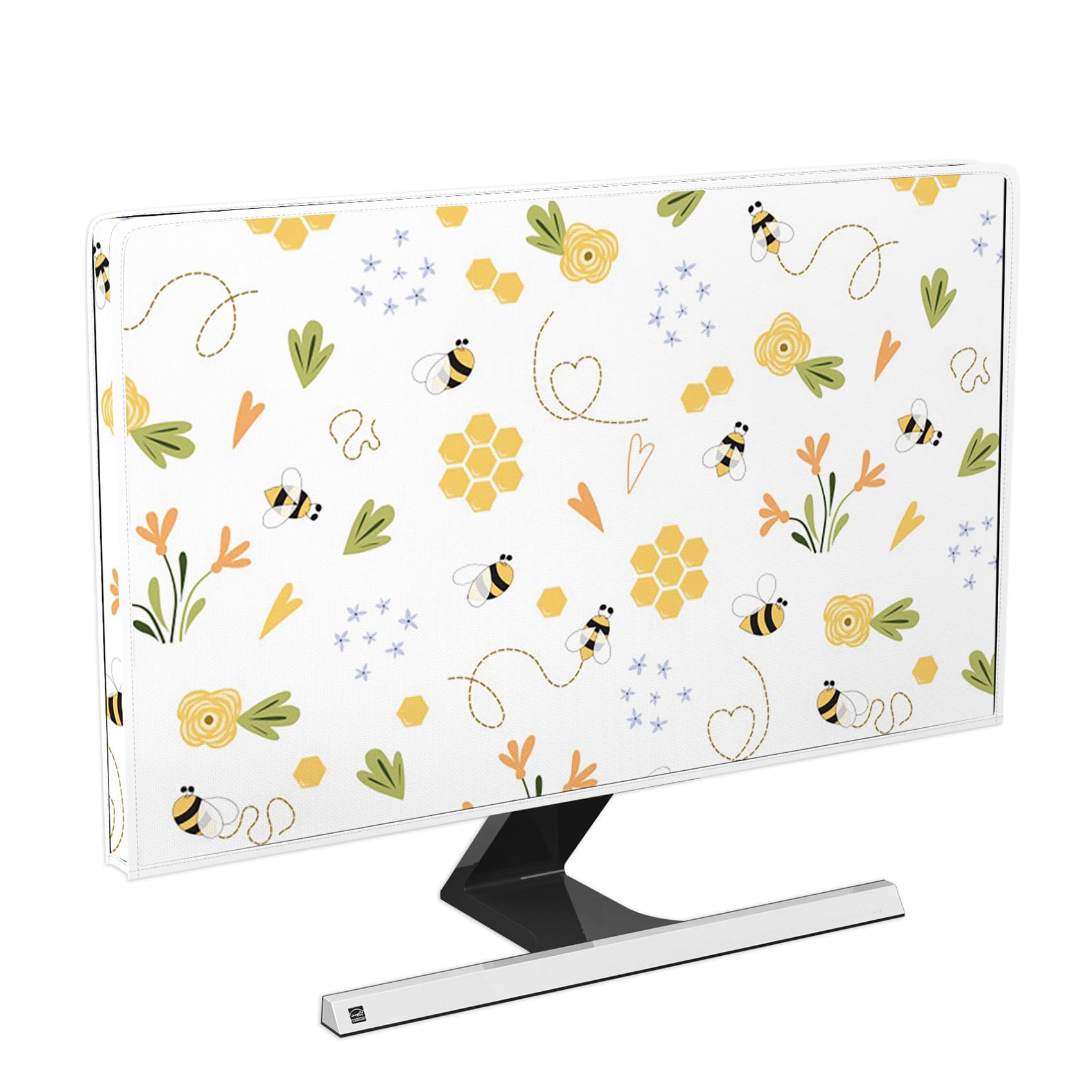 Bee Waterproof Computer Monitor Cover 22, 23, 24, 25 Inch Spring Summer Honey Flowers Botanical Panel Case Antistatic Water Resistant Monitor Dust Cover Dustproof Protective，Yellow Design