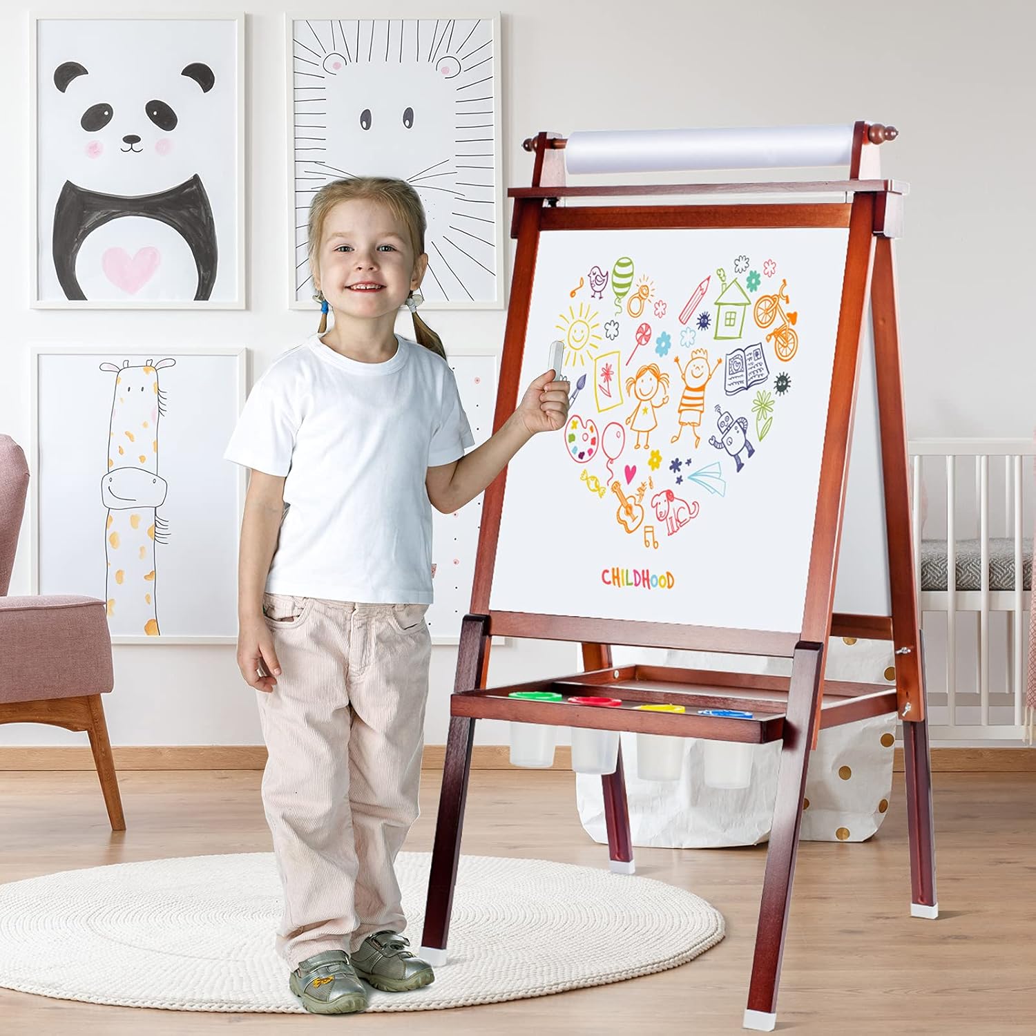 Staruto Kids Wooden Easel, Height Adjustable Standing Easel with Paper Roll Holder, Double-Sided Whiteboard & Chalkboard, Letters and Numbers Magnets and Other Art Accessories for Kids (Walnut): Home & Kitchen