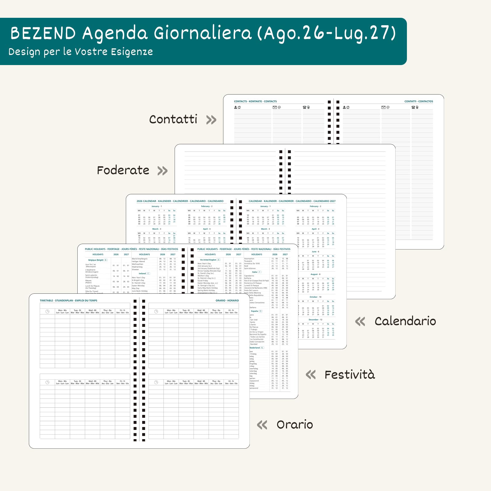 BEZEND Agenda 2026 2027 Giornaliera A5 Spirale, 12 Mesi da Ago.26 a Lug.27, Diario Scuola 21 x 15,5 cm con Angoli Protettivi Dorati, Intervalli di 30 Minuti, Copertina Rigida Pelle PU, Borgogna