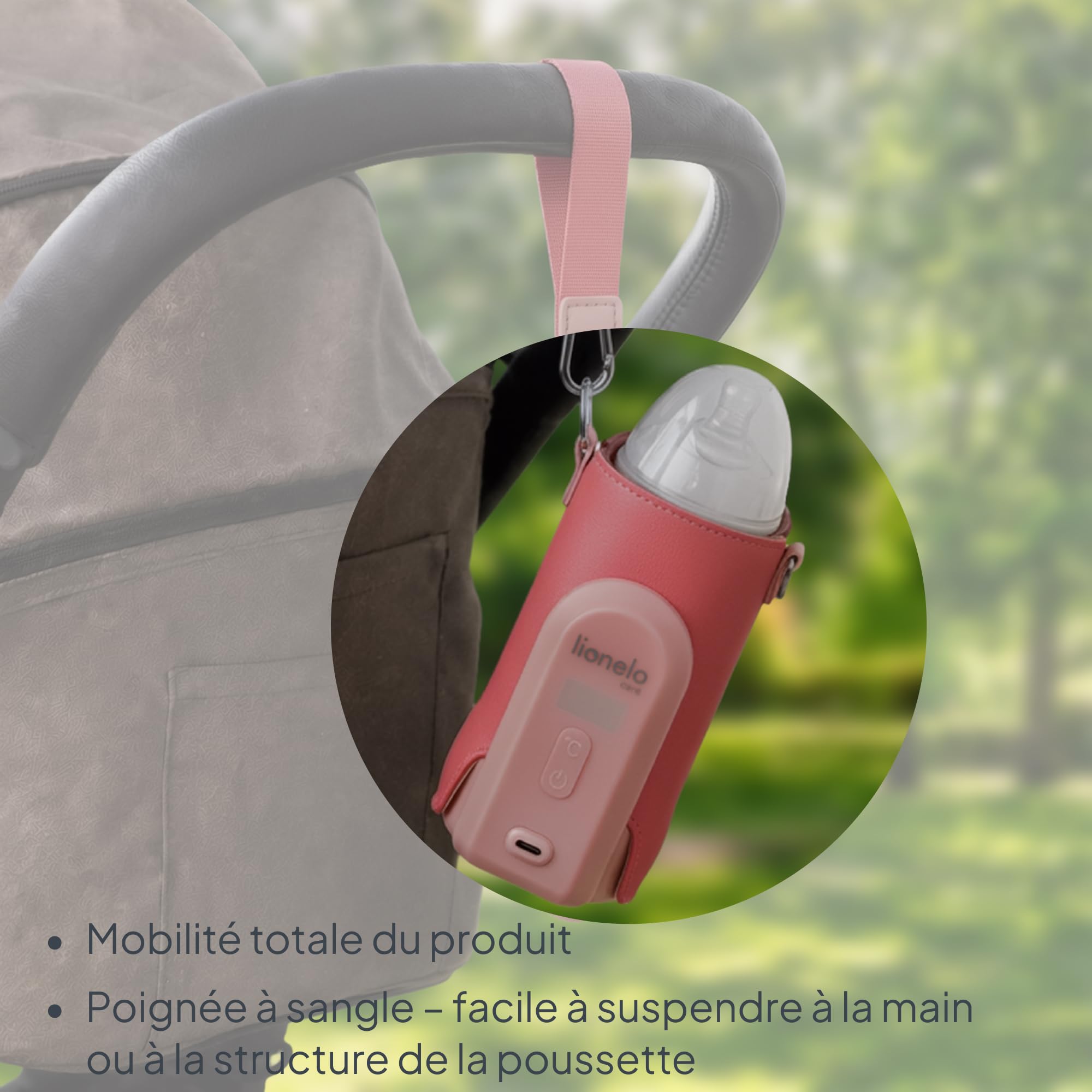Lionelo Thermup Go Evo Chauffe-Biberon, 5 Températures 38-50°C, Écran LCD | Sans fil, jusqu'à 9 h d'autonomie, recharge USB-C, capteur de sécurité, compatible avec les biberons de 50 à 80 mm, Corail