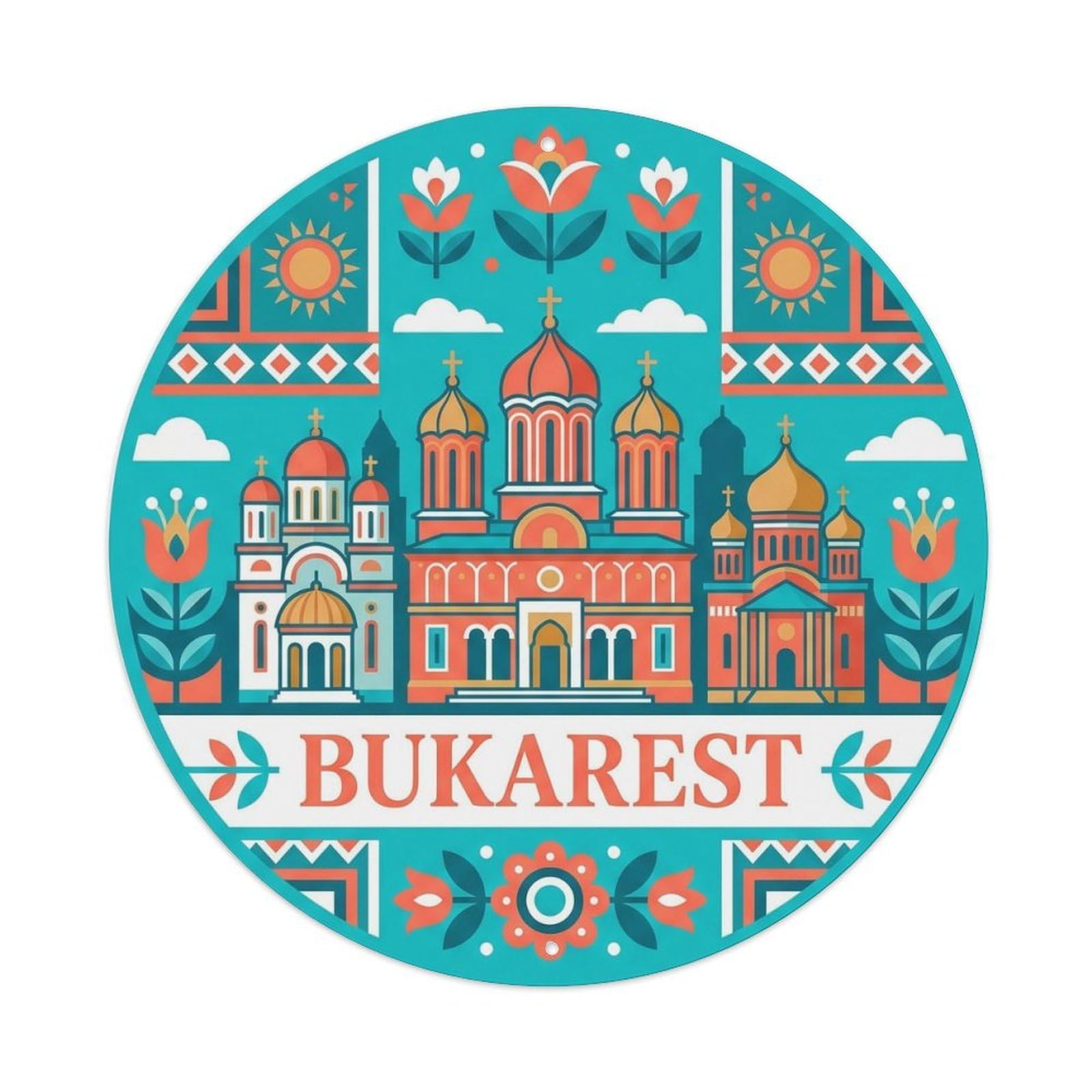 Vintage Travel Romanian Architecture Landmark Metal Tin Sign Plaque Wall Decor for Cafe, Club Bar, Office, Home Garden Round Metal Poster 8x8Inch