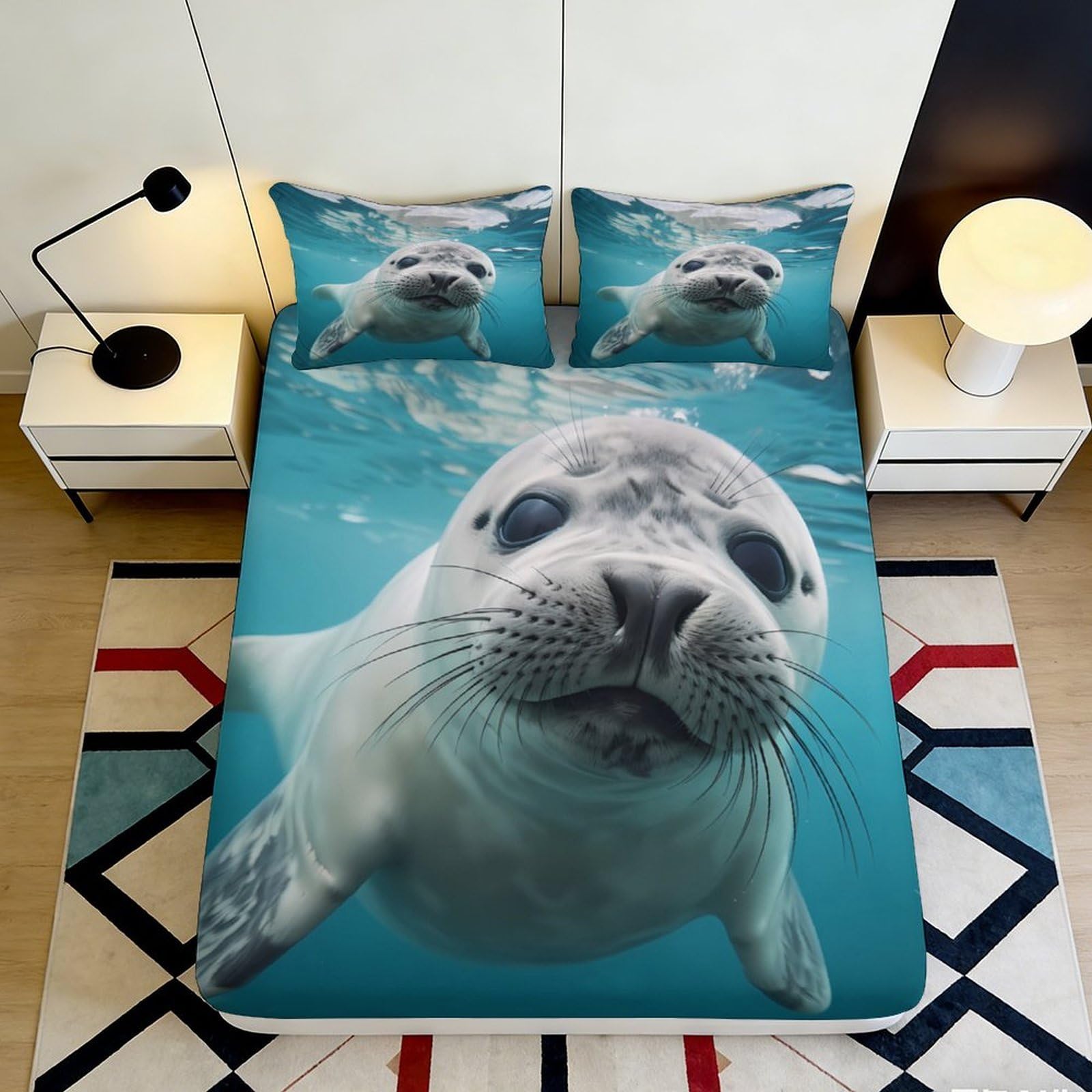 Pnayamiorkfel Style-1 3D Printed Cute Seal Fitted Sheet Microfiber Soft Aqua Blue Ocean Animal Bed Cover For Bedroom Dorm Mattress Decor 90X200x25cm