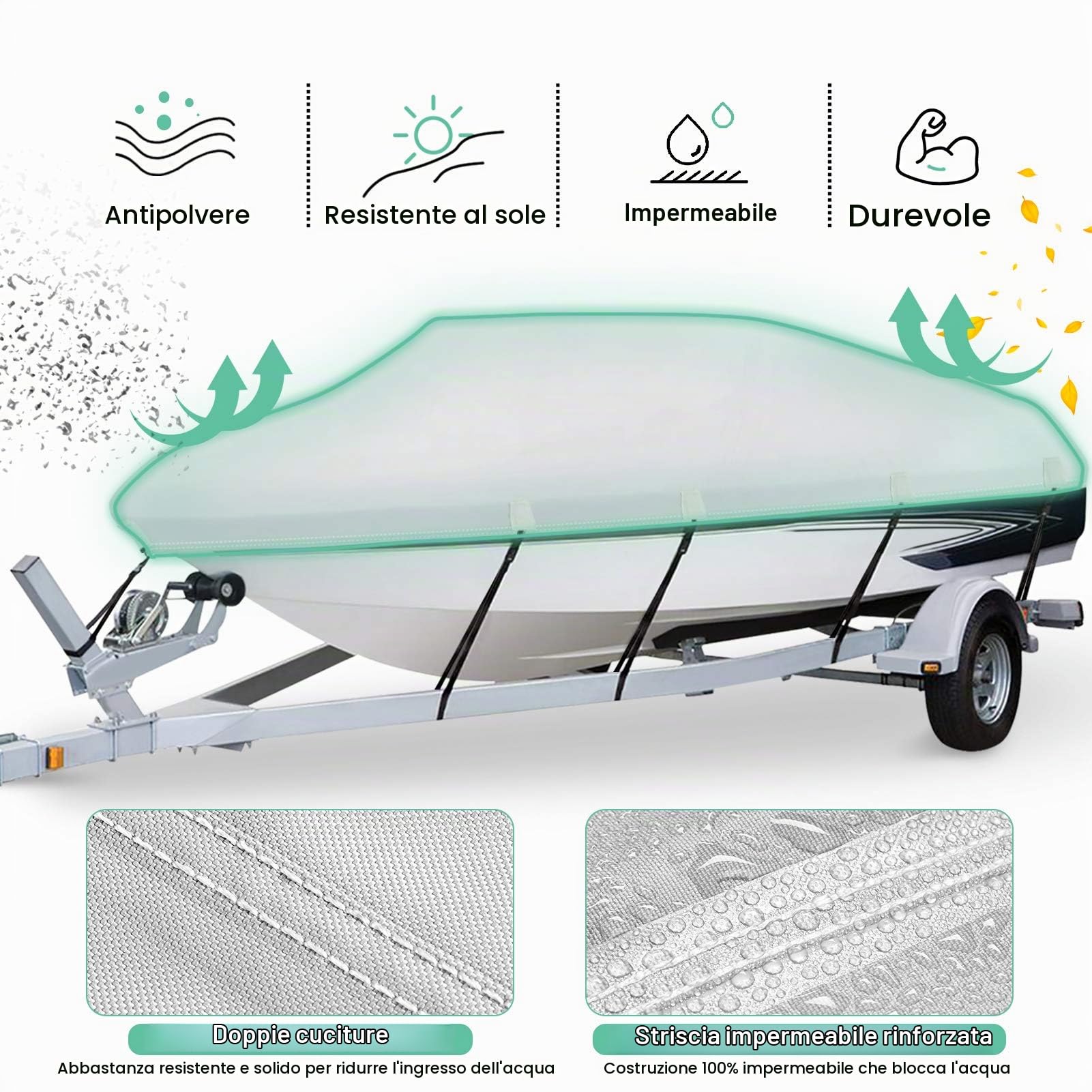Copertura impermeabile resistente in poliuretano 1200D per barche, 4,9-18,5 m, in tela di poliestere di grado marino, adatta per scafo a V da 4,9-5,6 m, basso, runabout, sci, barca da pesca