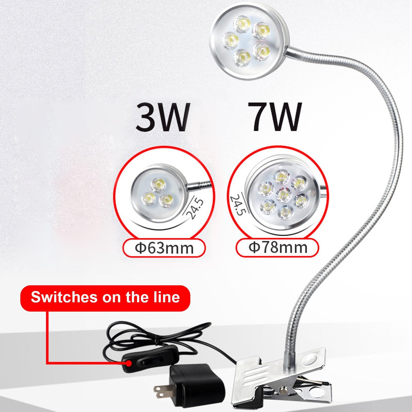 3/7W Elastyczna lampa robocza z gęsią szyją Wodoodporna lampa maszynowa, lampa robocza LED ze przełącznikiem, przemysłowe reflektory oświetleniowe z podstawą zaciskową, oświetlenie
