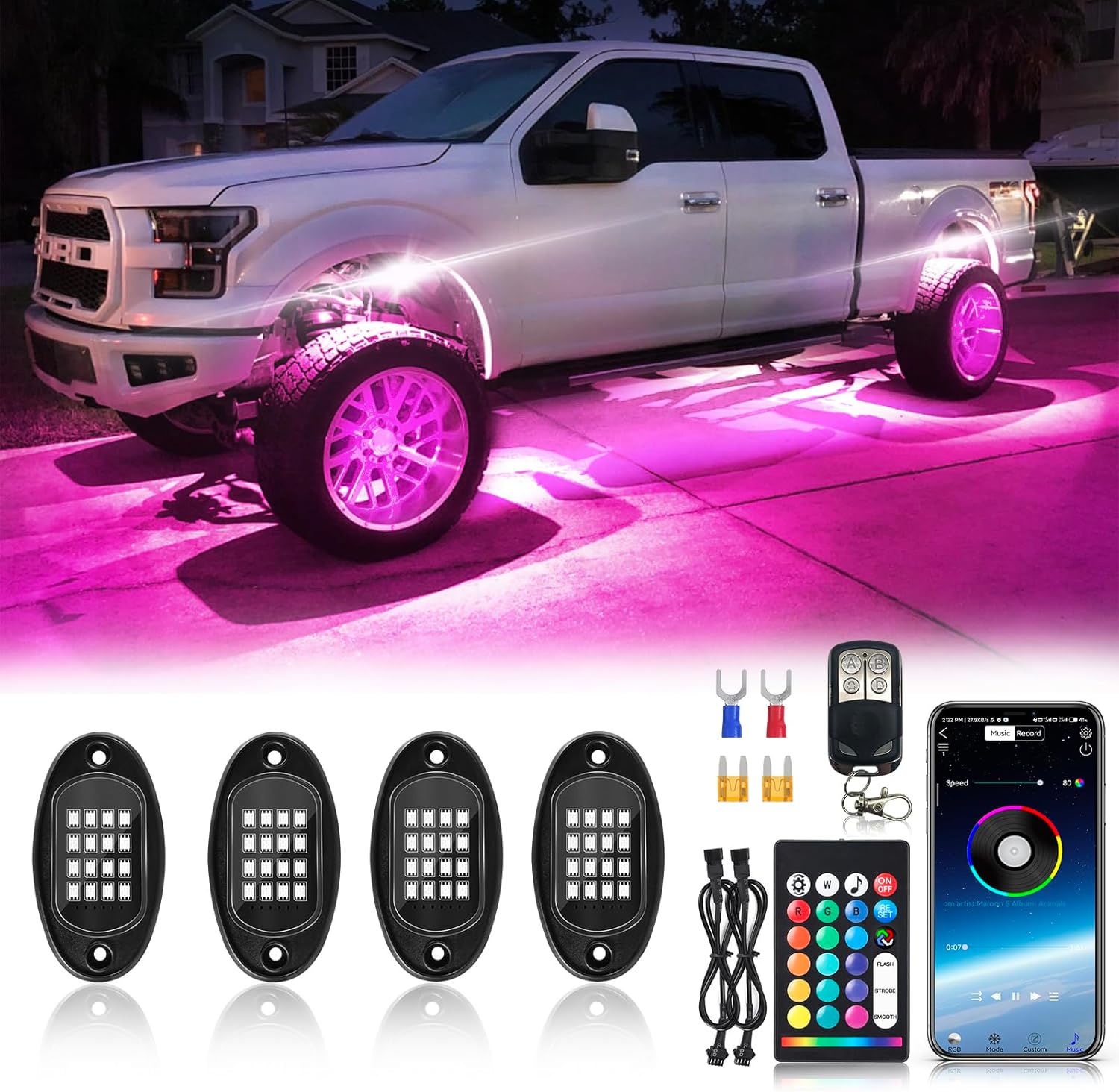 Brightness 4Pods Segmented RGB LED Rock Lights Kit with APP/RF Remote Control, Upgraded Multicolor Underglow Lights Neon Music Mode Waterproof 12V Underbody Light for Trucks Pickup Jeep Golf Cart ATV