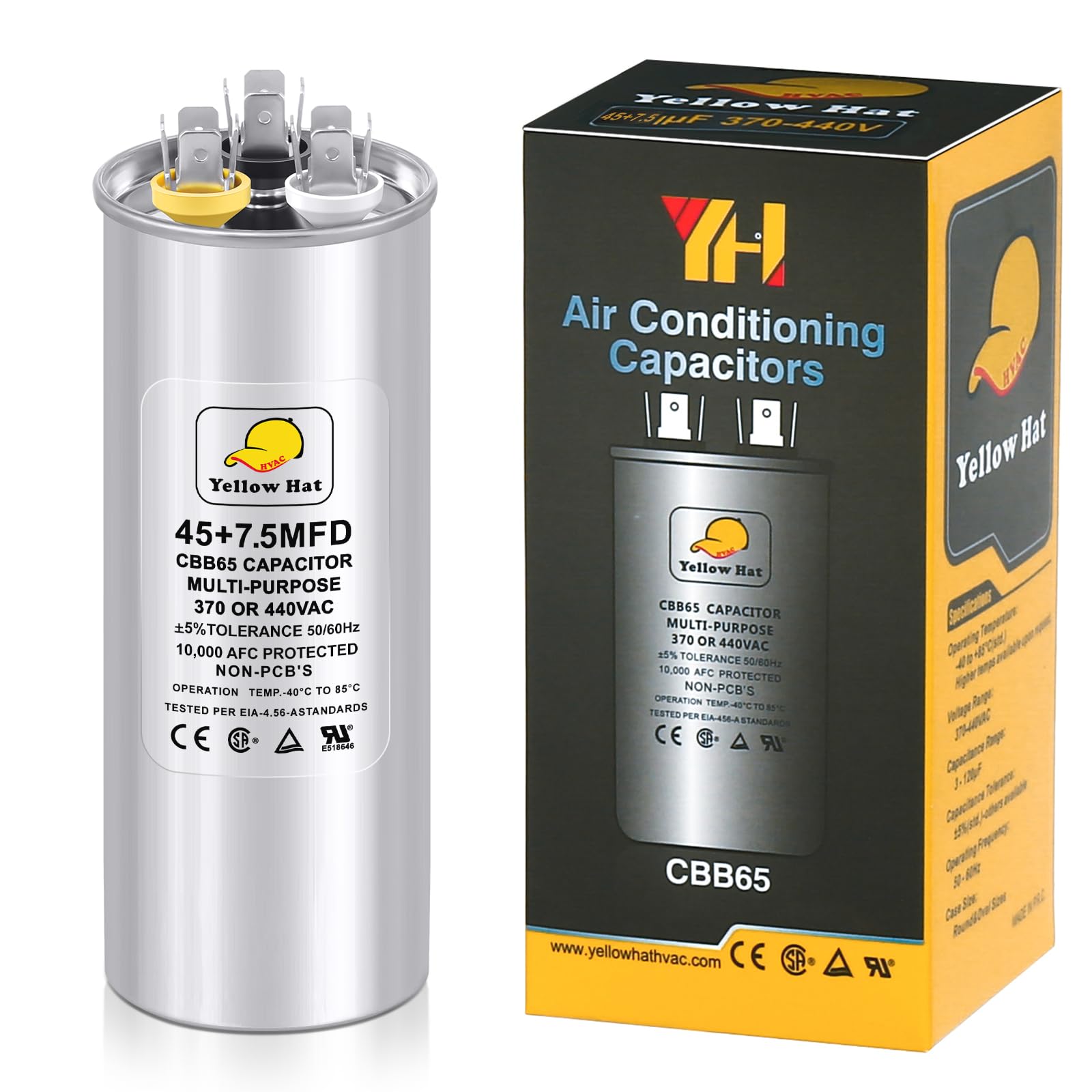 Capacitor for Air Conditioner 45+7.5 uf MFD 370 or 440 Volt VAC, Multi-Purpose Round Capacitor for AC Motor Run or Fan Motor Start or Condenser Straight