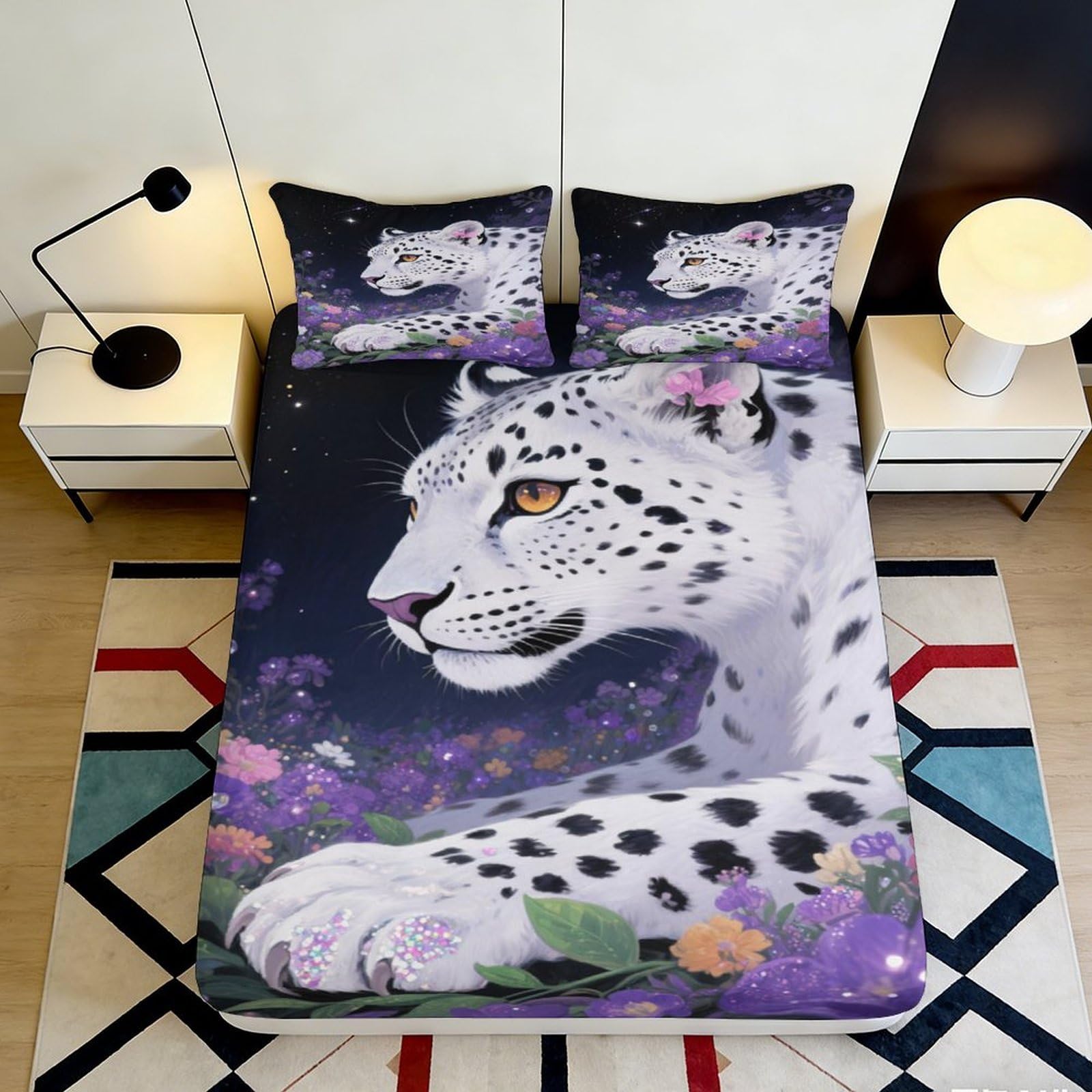 3D Printed Snow Leopard Fitted Sheet Microfiber Soft Breathable Floral Mattress Cover for Bedroom Guest Room Decor 117 90x200x25cm