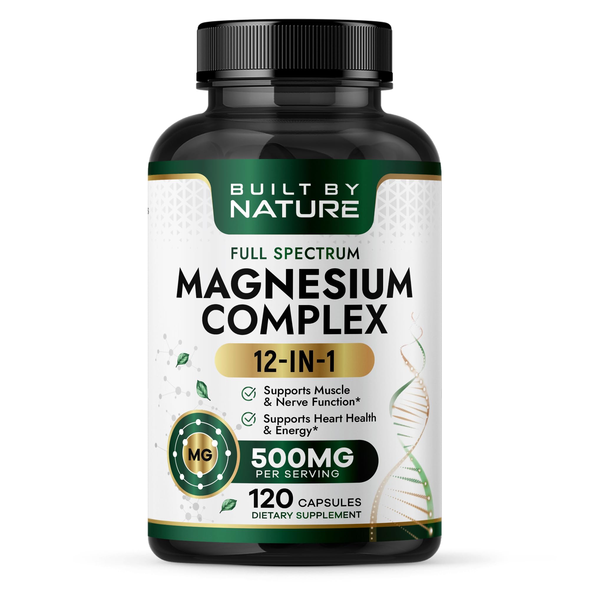 Built By Nature Magnesium Complex 500mg, 120 Capsules 12 Forms of Magnesium, Glycinate, Citrate, Malate, Oxide, Chelated for Absorption, Muscle, Nerve, Heart & Sleep Support