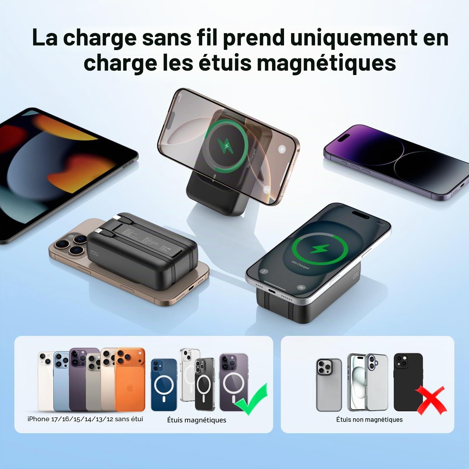 Batterie Externe magnétique 26800mAh avec 2 câbles intégrés, PD 22,5 W Charge Rapide, Portable sans Fil Power Bank Compatible avec iPhone Air 17/16/15/14/13/12 séries - Noir