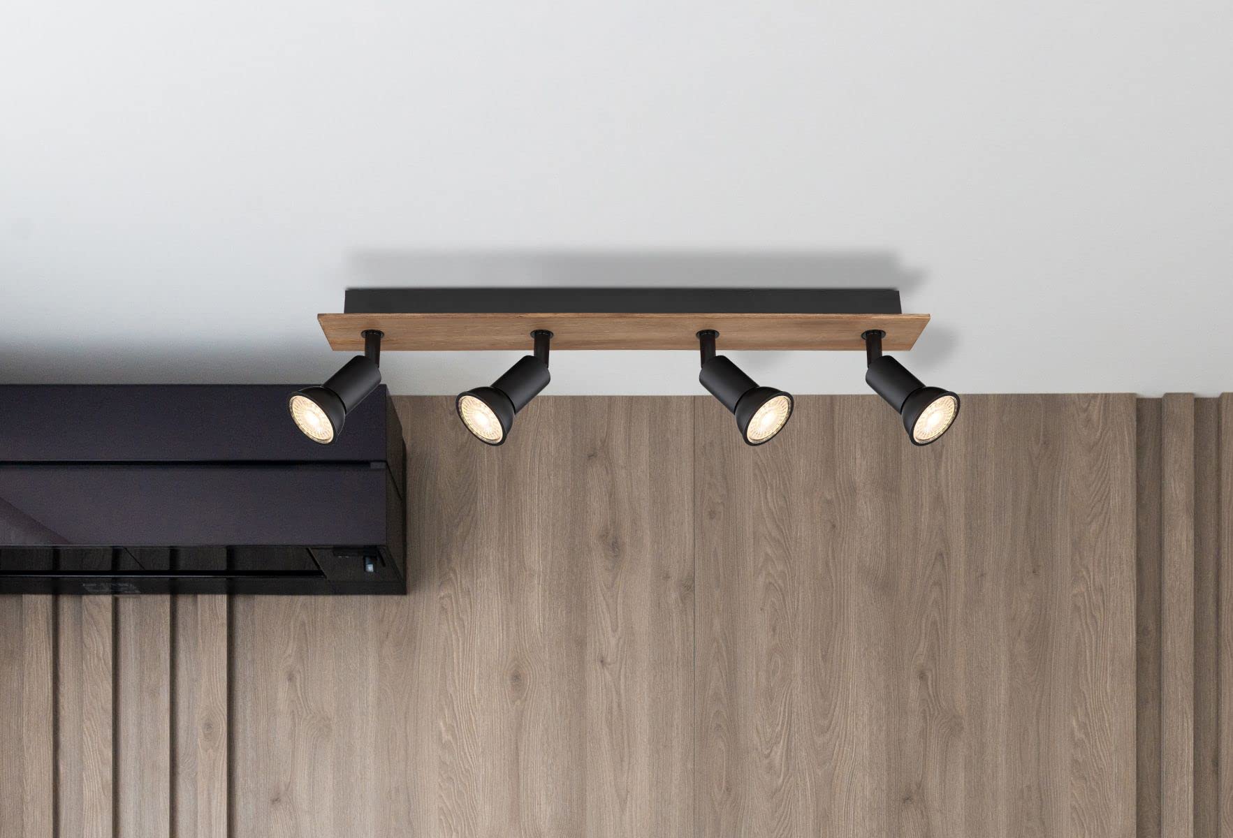Deckenstrahler 4 Flammig Schwenkbar - Deckenleuchte mit 4 Spots Schwarz Holz Optik - Deckenlampe Wohnzimmer Modern - Strahler Küche Fassung GU10