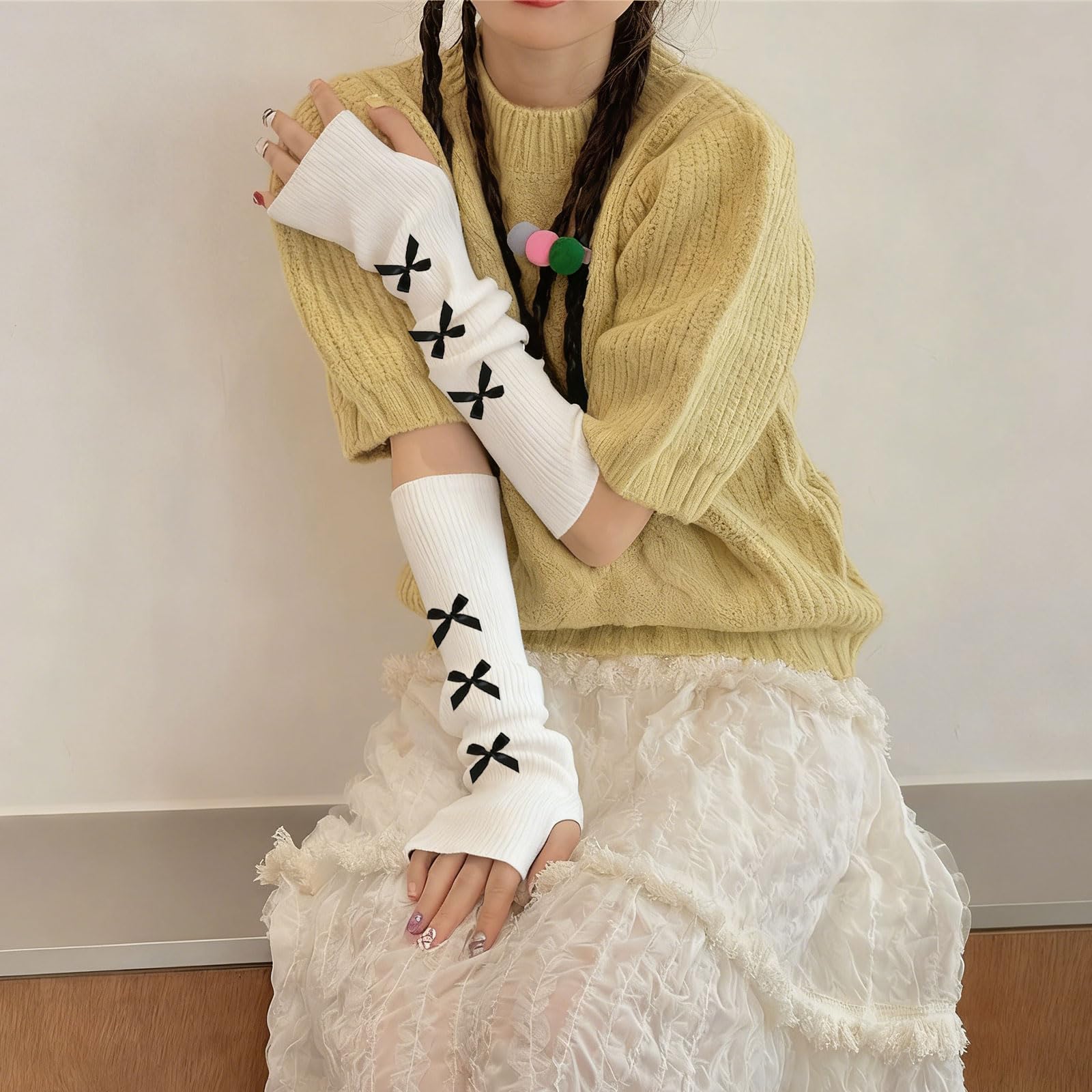Y2K Ocieplacze na ramiona z kokardą, kawaii, urocze akcesoria dla dziewcząt, ocieplacze na ramiona Gyaru Harajuku, dzianinowe ocieplacze na nadgarstki, długie rękawy bez palców