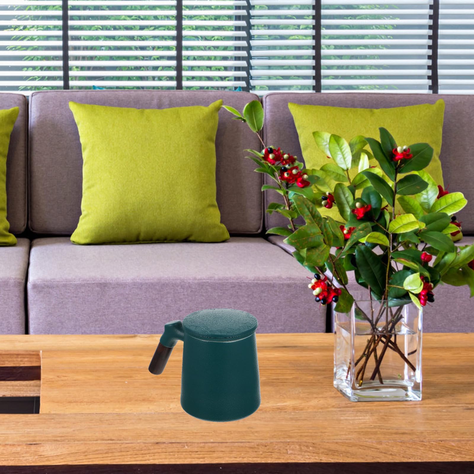 Mug à Thé avec Infuseur en Céramique et Bois 320ml avec Couvercle et Poignée en Bois Anti-brûlure pour Maison et Bureau Vert avec Fond Antidérapant