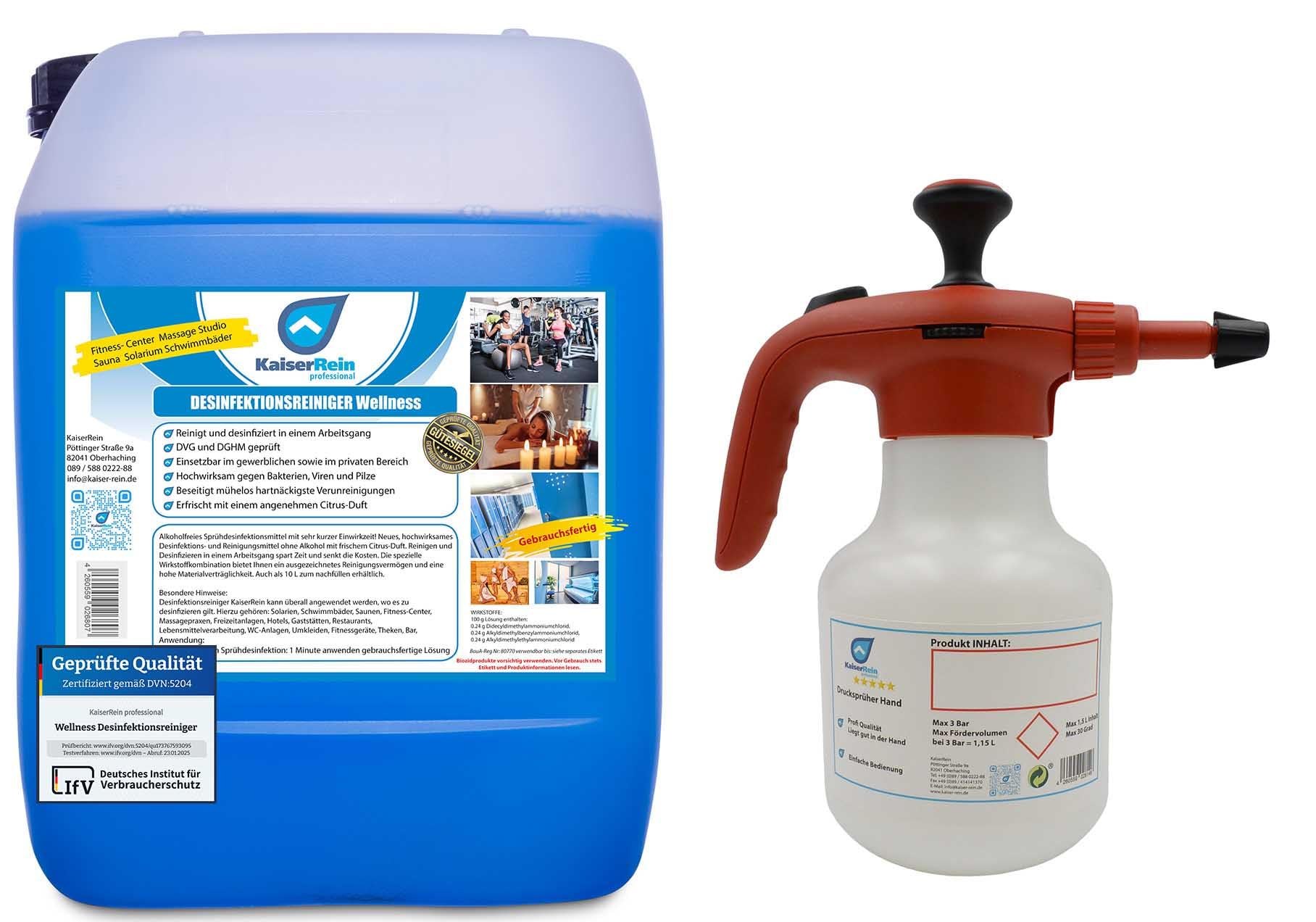 Desinfektionsreiniger Wellness/Spa 10 L Kanister zur Reinigung und Desinfektion mit Pumpdrucksprüher Abd. ähnlich Flächendesinfektionsmittel zum Sprühen 1 Minute einwirkzeit