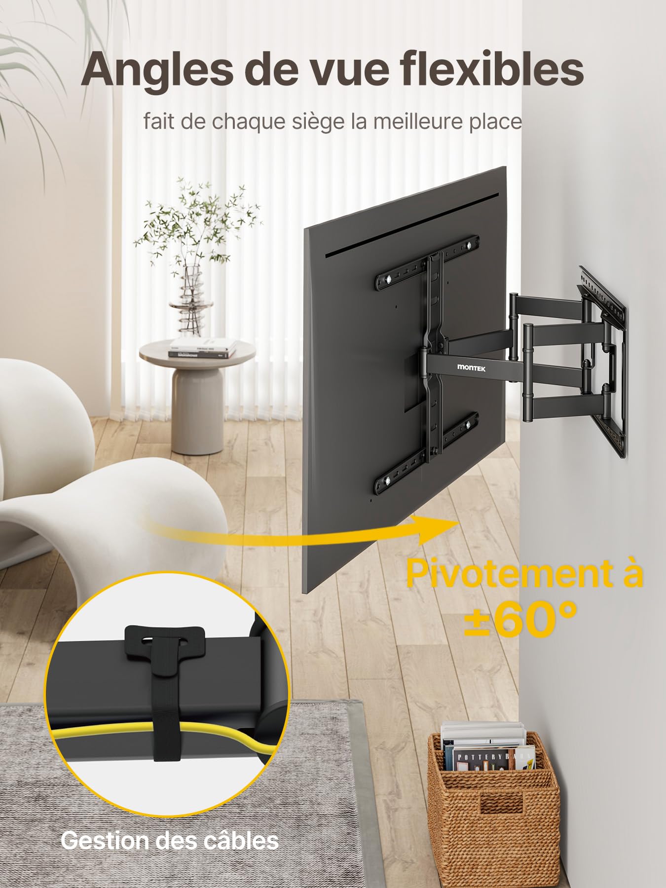 monTEK Support Mural TV Ultra Fin pour Écrans 43-90 Pouces jusqu'à 60 kg | 1,1" d'épaisseur, Support TV Orientable, Inclinable et Extensible, Fixation Murale TV avec Double Bras, Max VESA 600x400mm
