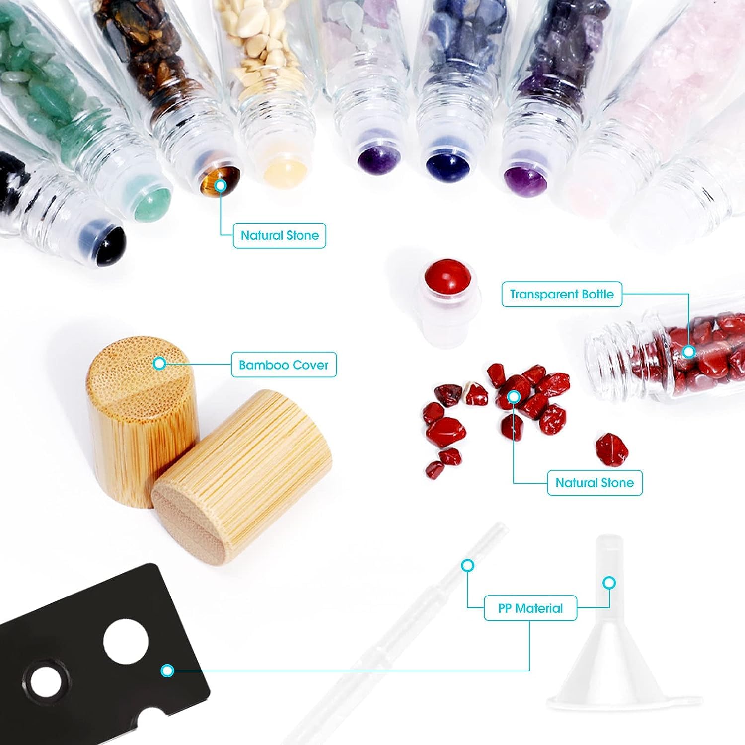 Roll-on-flessen van 10 ml met edelsteenroller en kristallen chips erin