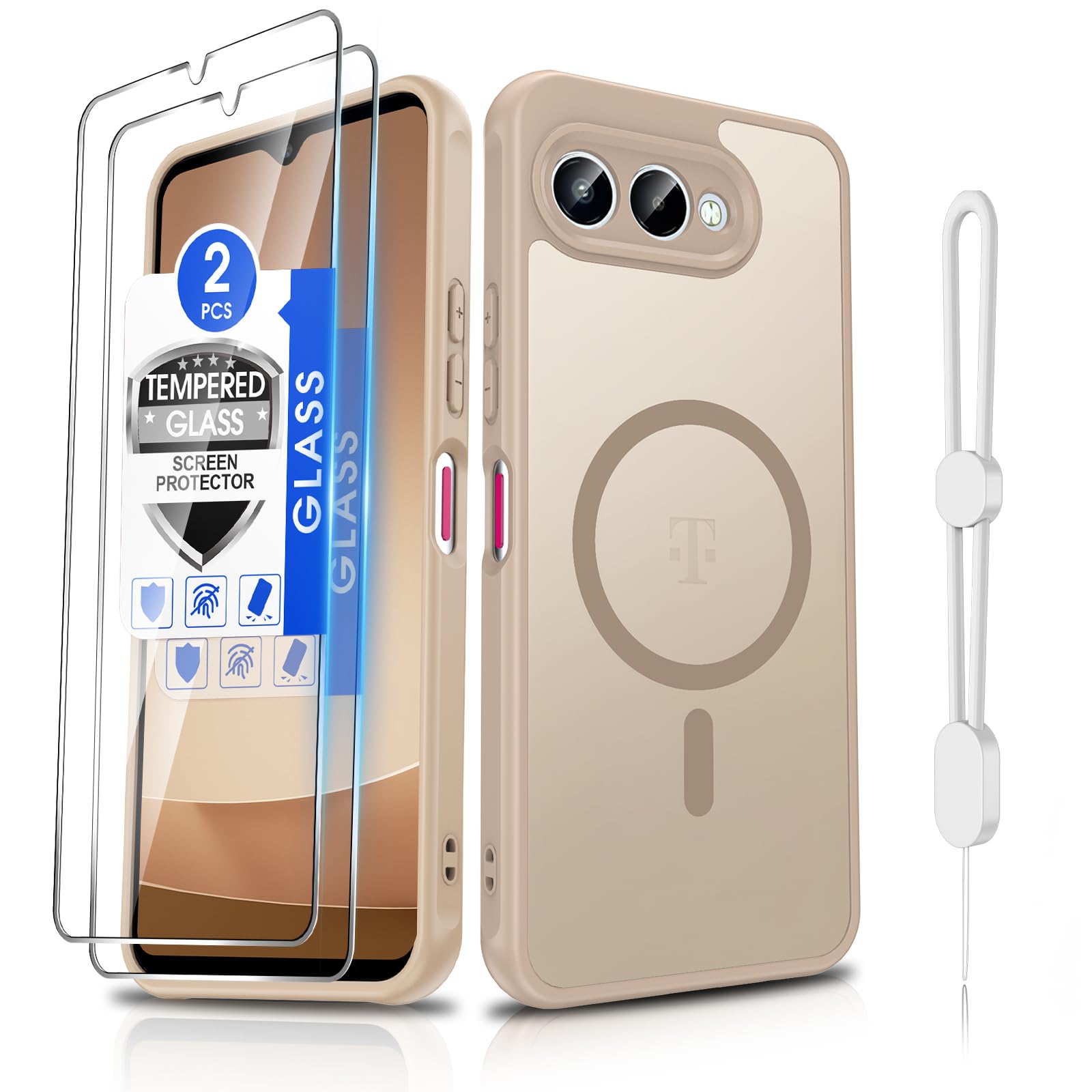 Dizn Magnetic for T-Mobile Revvl 8 Phone Case,[Not Fit 8 Pro] with Tempered Glass Screen Protector,Compatible with MagSafe,with Strap,Military-Grade Protective T-Mobile Revvl 8, Beige