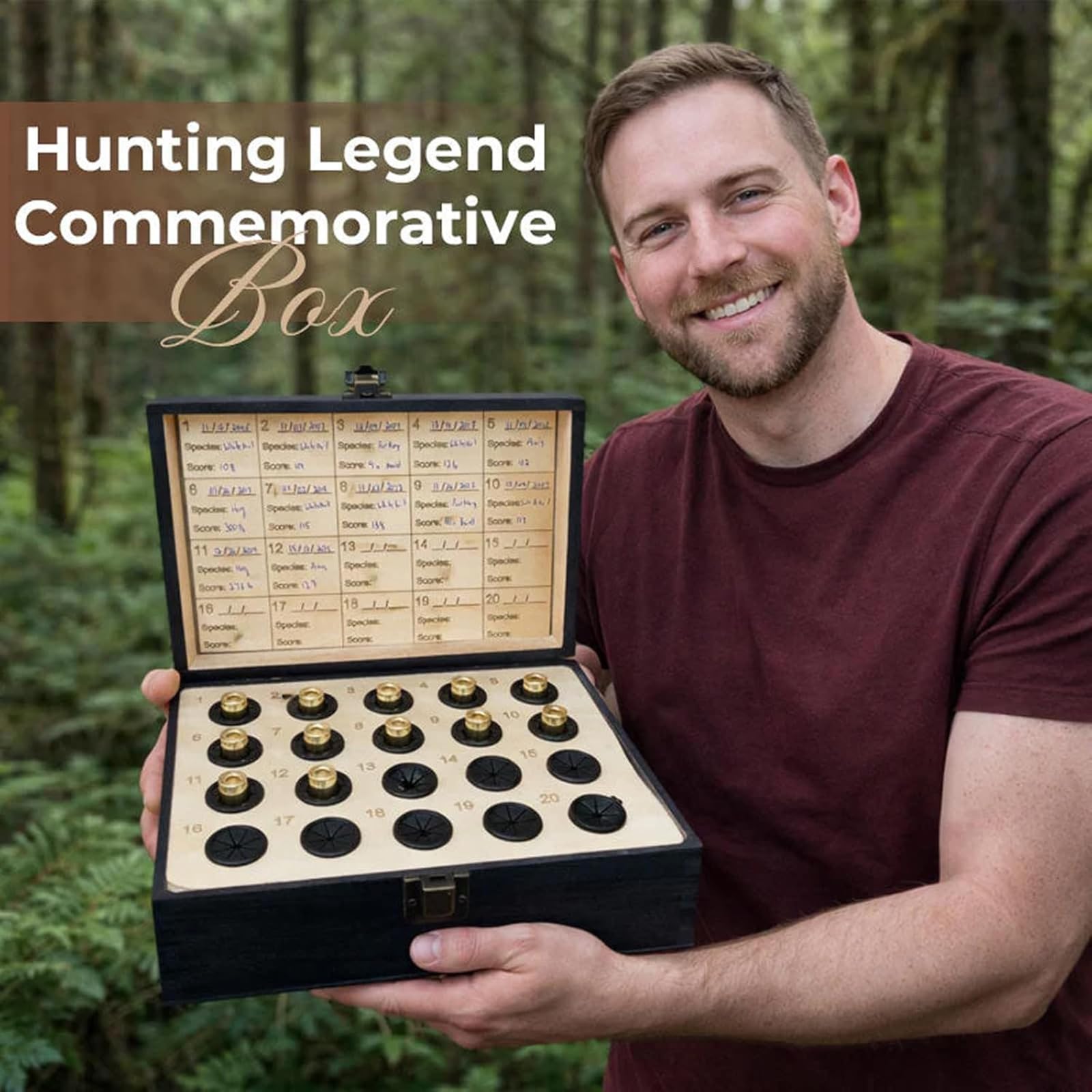 The Hunter's Legacy Memory Box, Hunting Keepsake Wooden Box with Shell Slots, Notes Chart and Hidden Layer for Casings, Tags & Photos, Hunting Memorabilia Storage Boxes, for Dad Husband (GRAY) — view 2