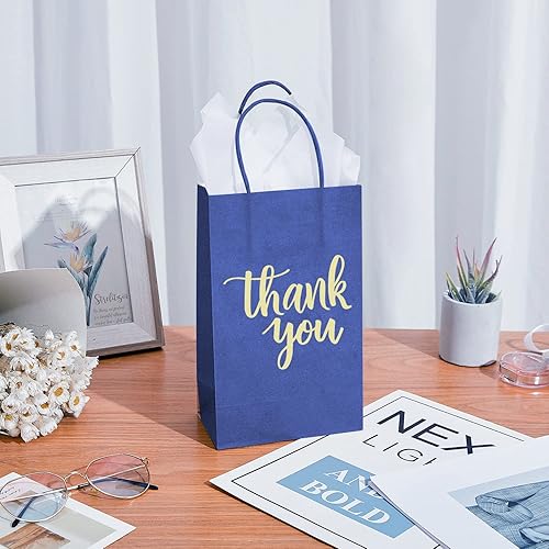 Miniatura 8 de DjinnGlory Paquete de 100 pequeñas bolsas de regalo de papel de agradecimiento azul marino con asas de 9 x 5.5 x 3.15 pulgadas para compras,