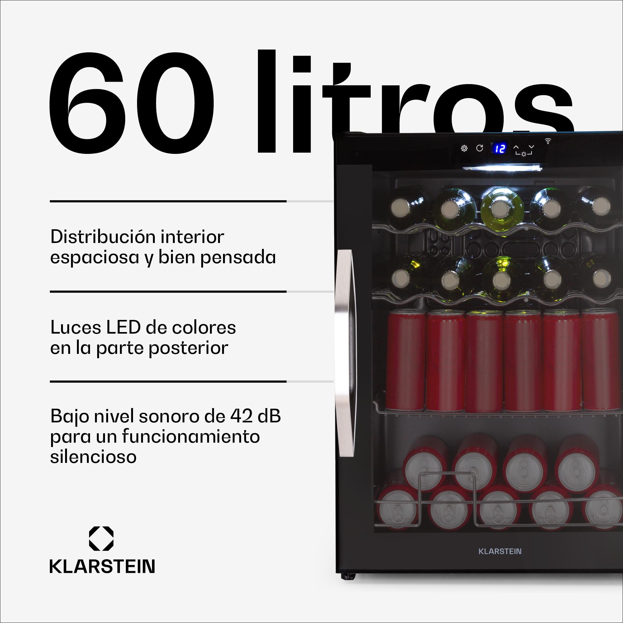 KLARSTEIN Coachella 60 Nevera para Bebidas - 60L Frigorífico para Bebidas con Wifi, Puerta de Cristal, Iluminación Led, 3-18°C, 3 Estantes Metálicos, 7 Colores, Negra