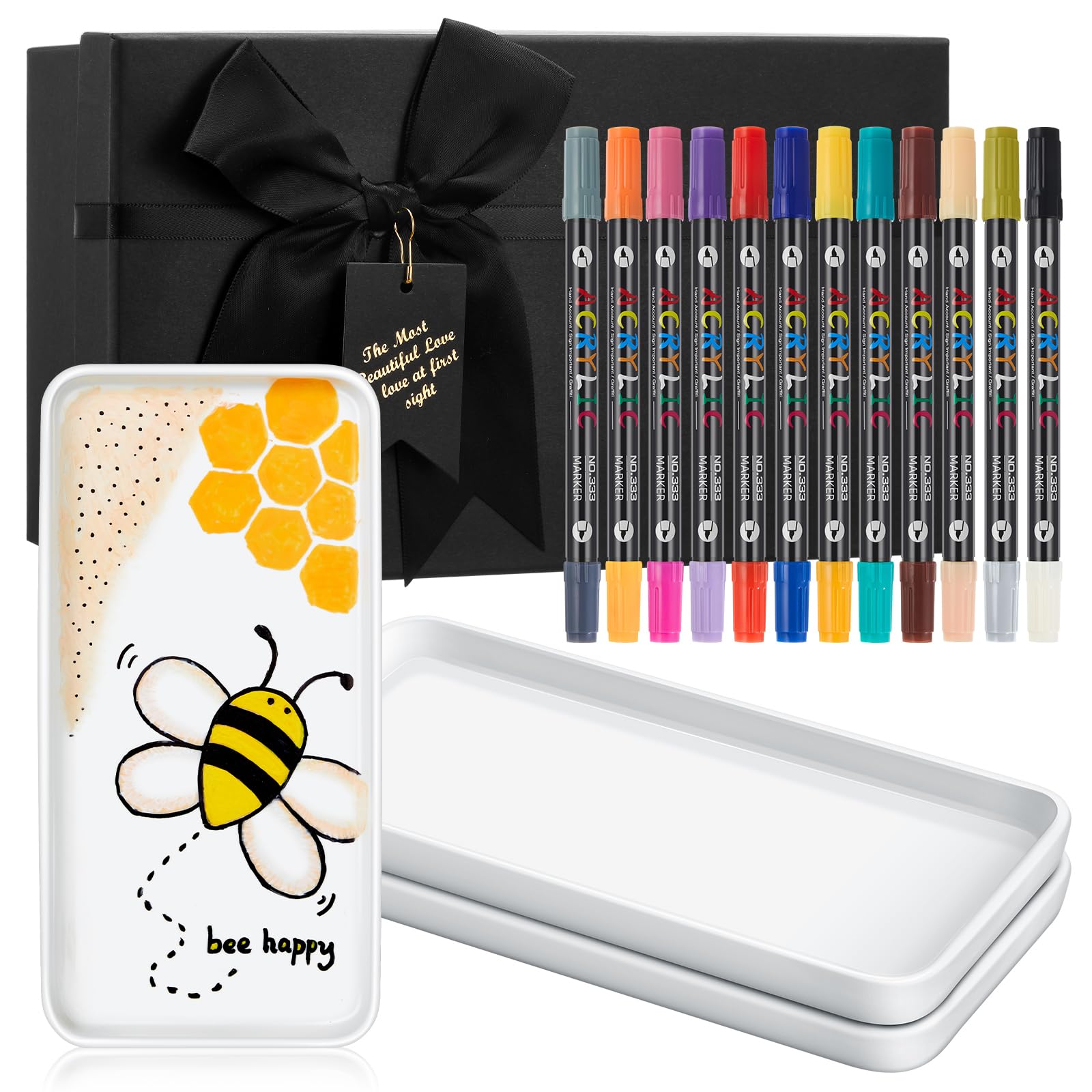 Sinmoe Set de Peinture Céramique DIY 3 Assiette en Céramique Plat de Service Blanc 12 Stylos en Porcelaine Lavables au Lave-Vaisselle Coffret-Cadeau Noël Couple Amis Famille (Rectangulaire, 8 Pouces)