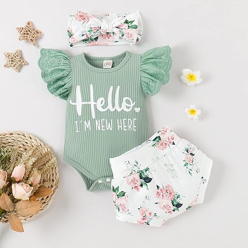 Miniatura 4 de Ropa de bebé niña, mameluco de encaje con volantes de verano para recién nacido + pantalones cortos florales, 3 piezas, sesión de fotos para niños