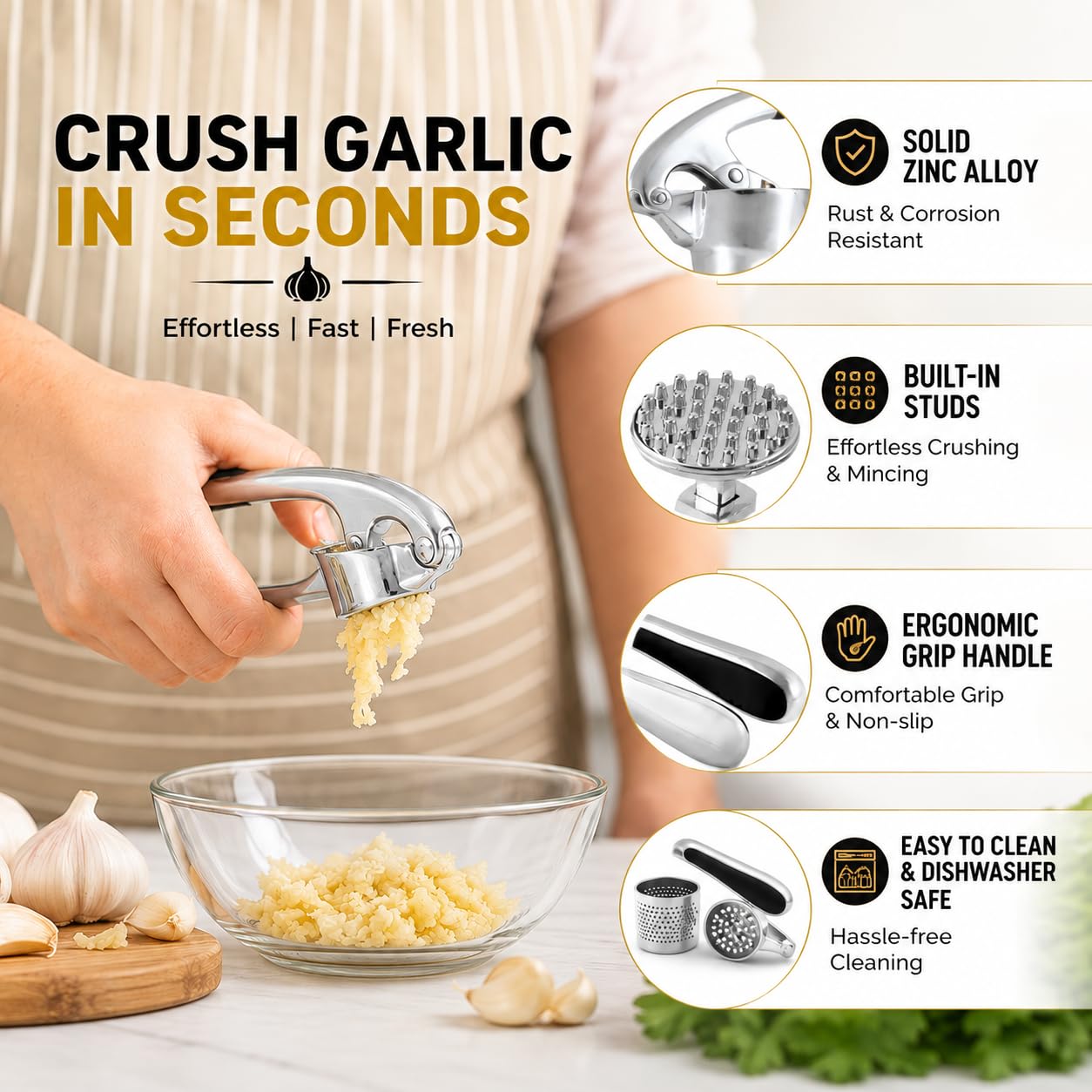 Tenom Heavy Duty Garlic Press - Rustproof & Dishwasher Safe -4