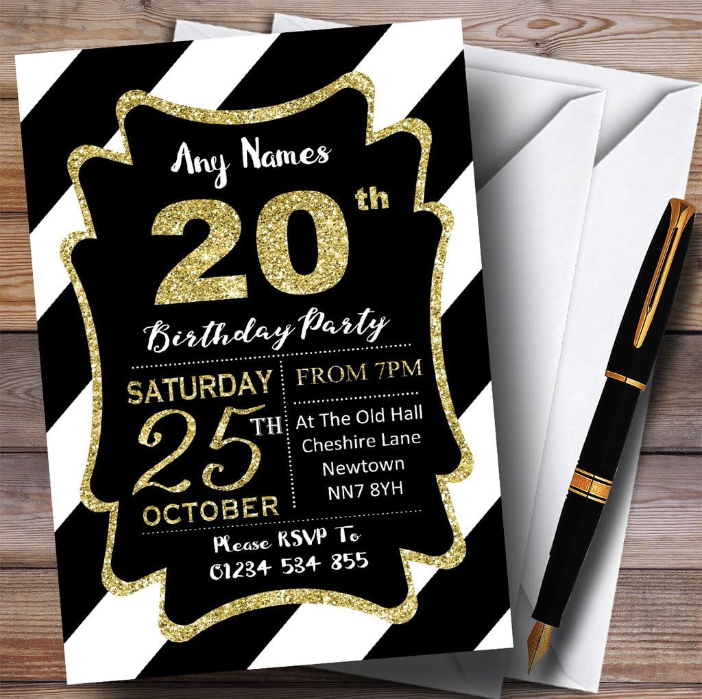 Black White Diagonal Stripes Gold 20th Personalized Birthday Party Invitations