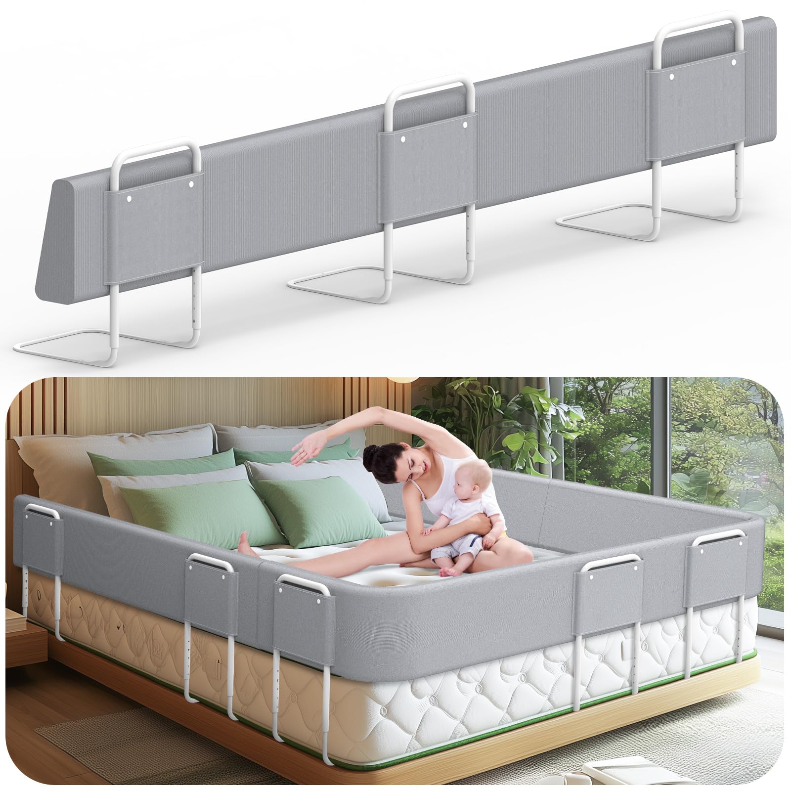 Sponde per letto bambini – Barriera letto sicurezza per bambini, protezione per letto matrimoniale e lettino, altezza regolabile 40-60 cm, rimovibile, portatile, grigio, 200cm