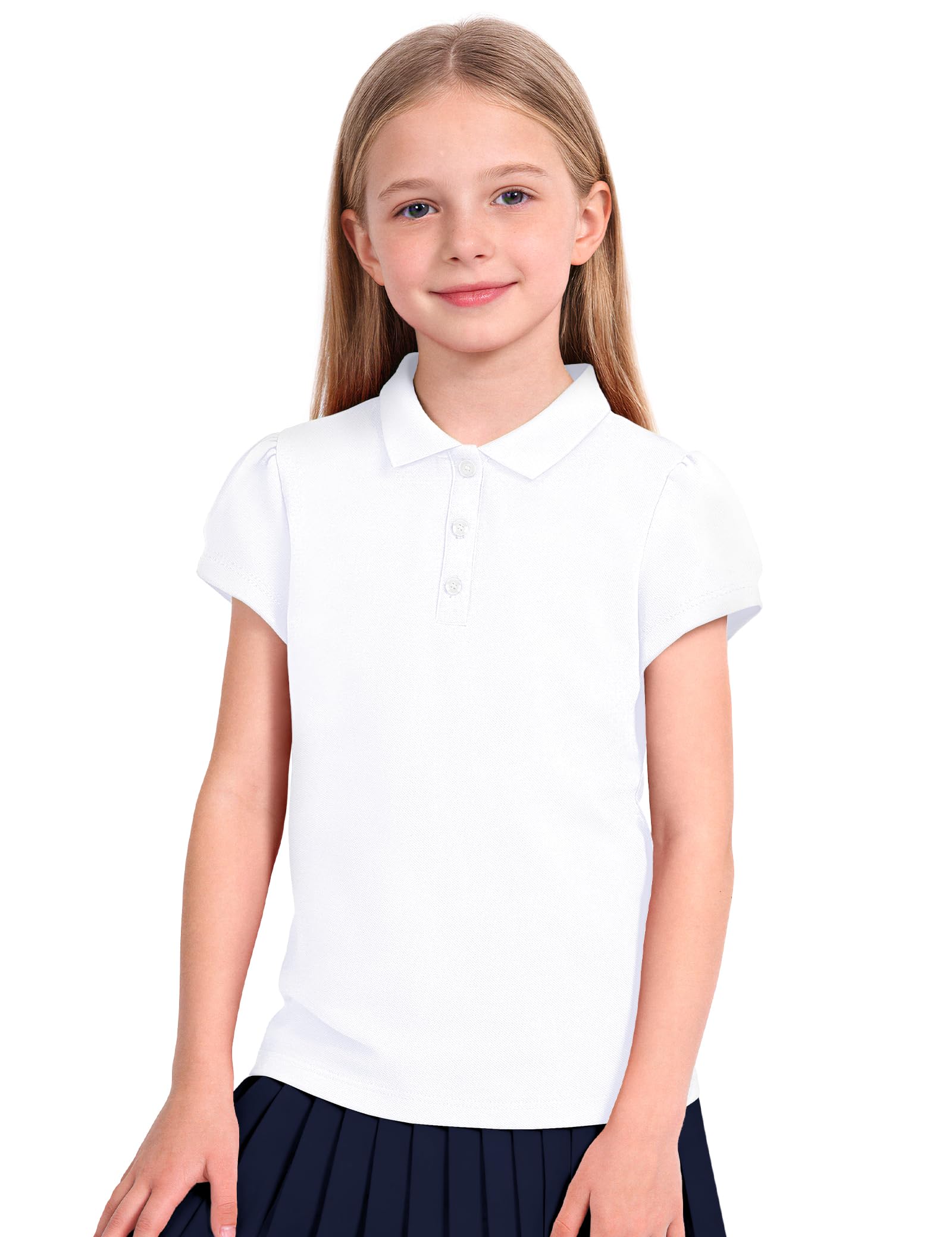 KEREDA Shool Uniform Shirts for Girls Cotton Polo Shirts Puff Sleeve with Button for Kids Golf Tennis Tops