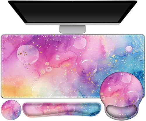 Miniatura 22 de ARTSO Juego de alfombrillas de mouse grandes, soporte ergonómico para la muñeca del teclado, almohadilla de escritorio de gel de espuma Mármol