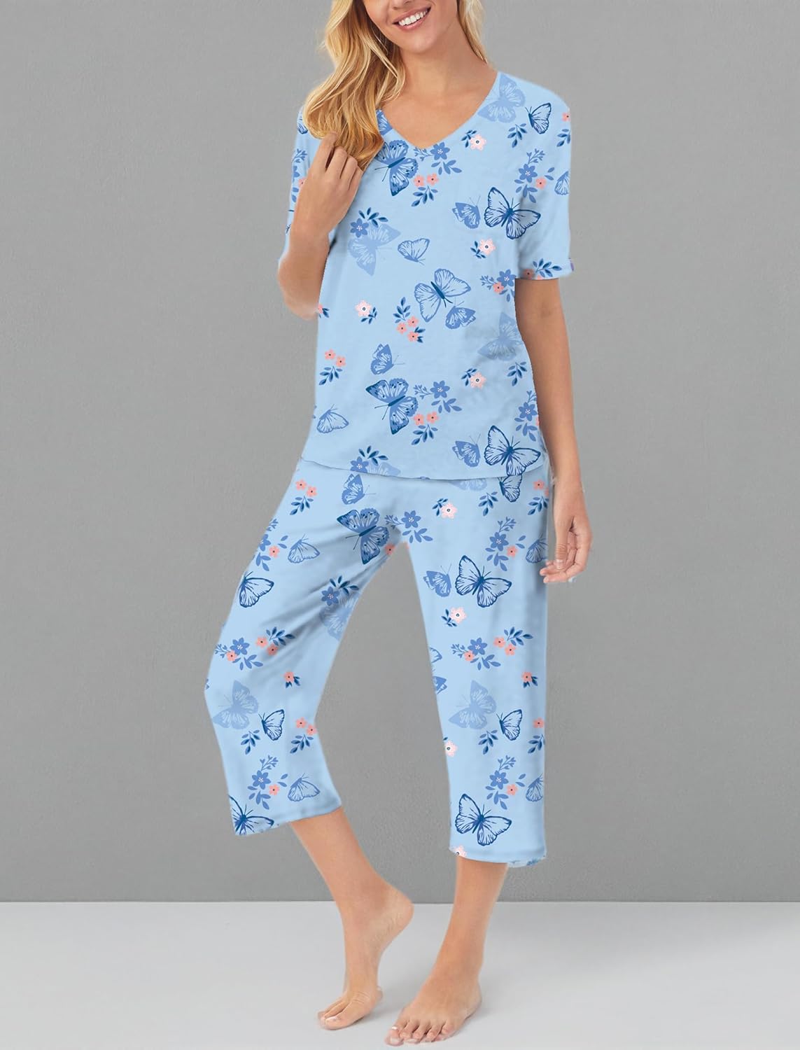 QCIV Womens Pajama Sets V-Neck Short Sleeve Top and Capri Pants with Pockets Sleepwear Set Two Piece PJS - Image 7