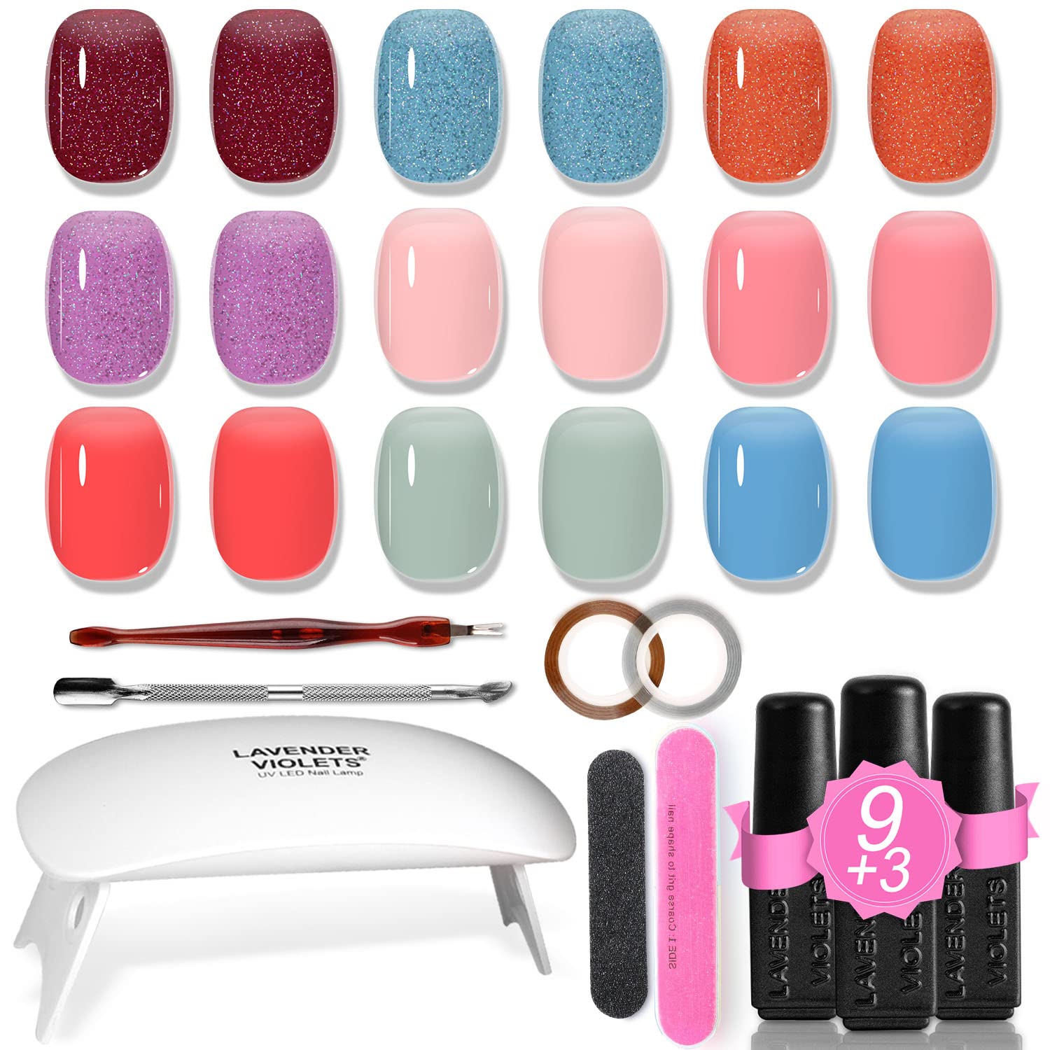Lavender Violets19 Pcs Gel Nail Polish Kit With UV Lamp Trendy Jelly Color Nude Pink Red Semi-transparent, LED UV Nail Light Base, Matte n No Wipe Top Coat Nail File Golden Sliver Sticker Tools R964E