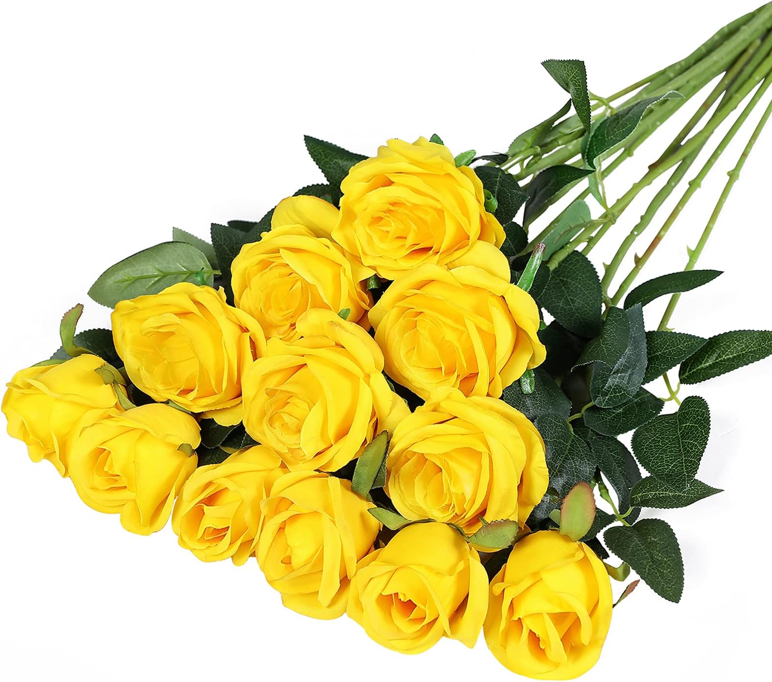 12PCS Artificial Silk Flowers Realistic Roses Bouquet Long Stem for Home Wedding Decoration Party (Yellow 1)