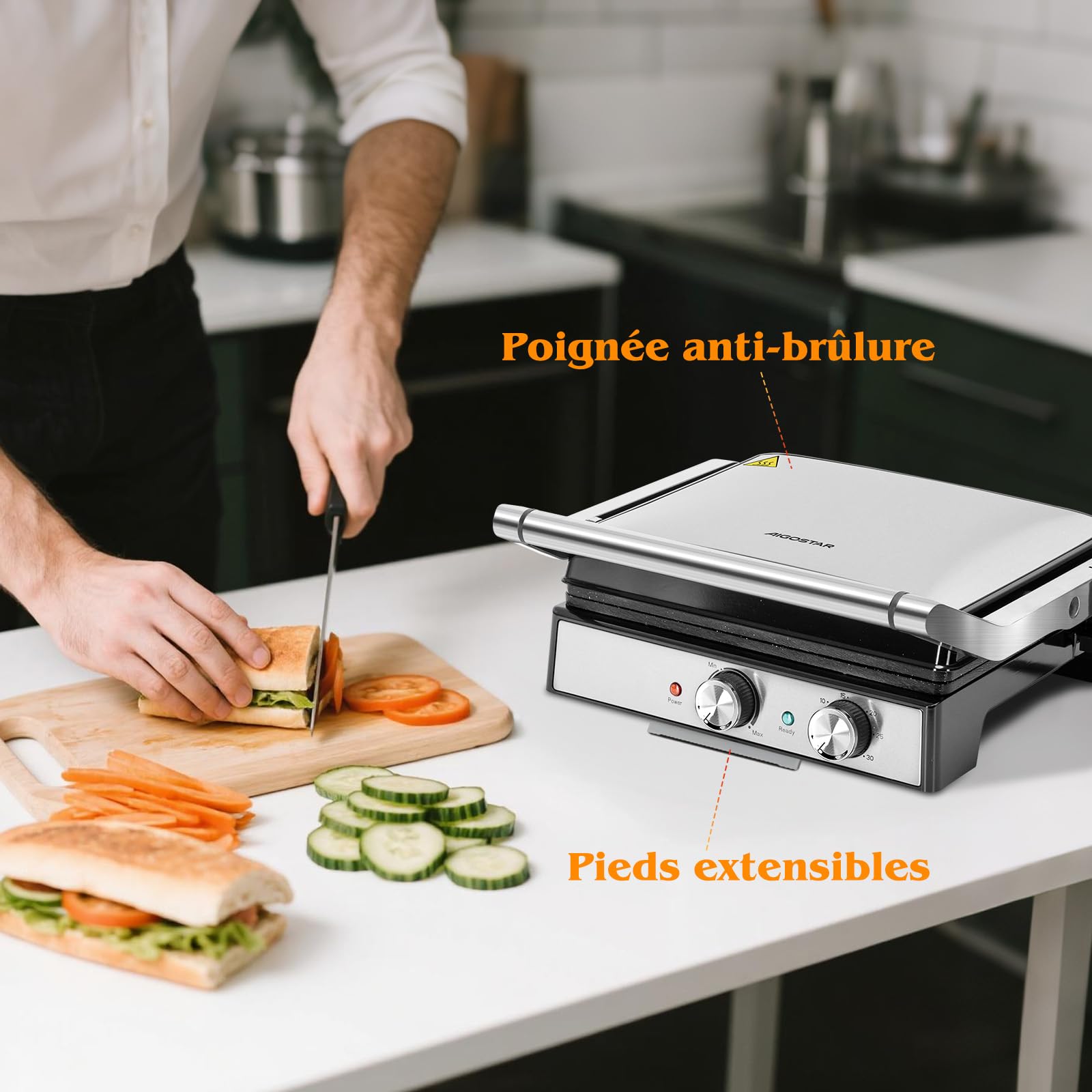 Aigostar Grill Electrique, Gril Viande et Panini, Revêtement Antiadhésif en Céramique Sans PFAS ni BPA, Minuterie de 30min, 2000W, Ouverture à 180°, Thermostat Réglable, Roast